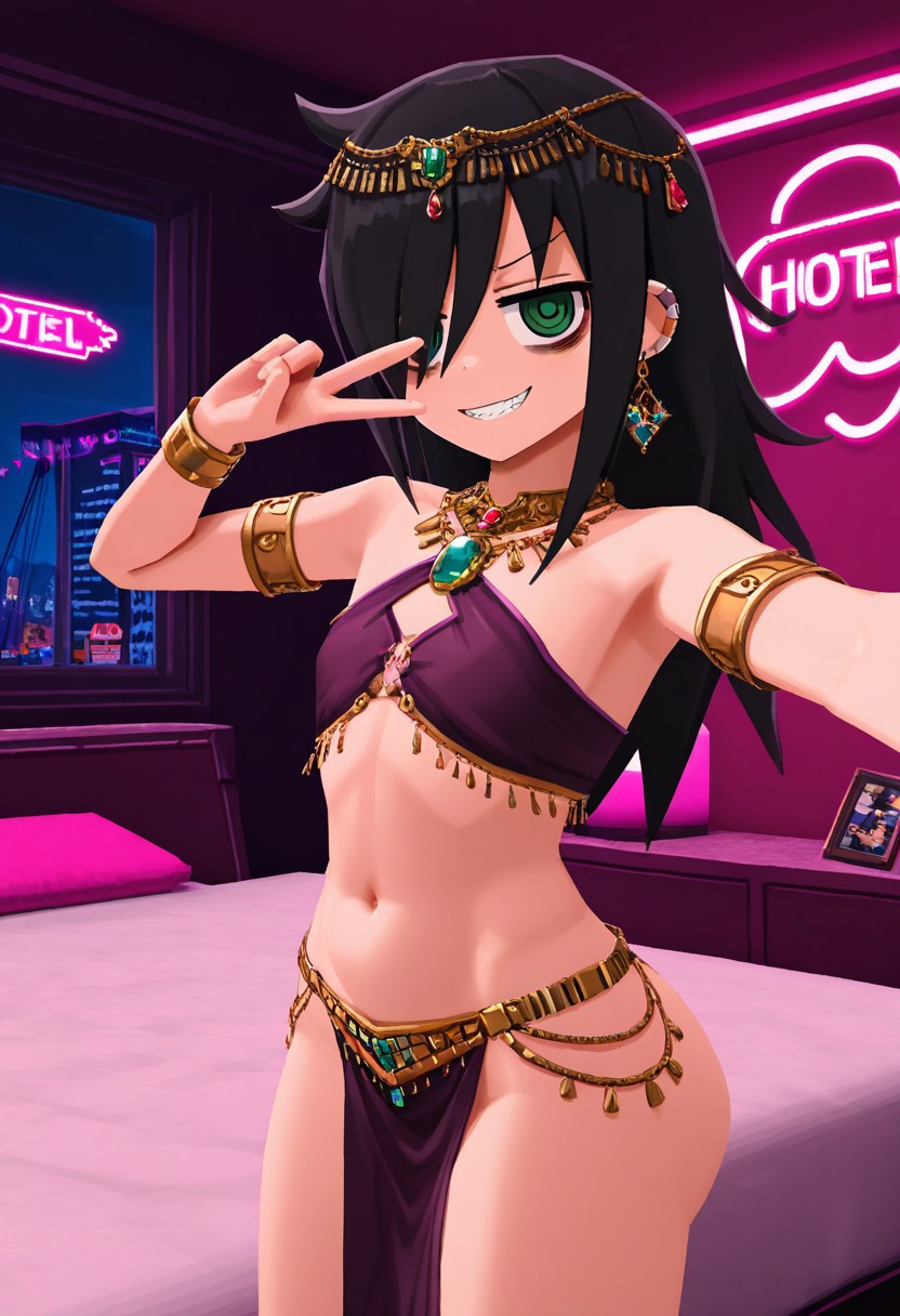 1girls, 2025, 3d, ai generated, belly dancer outfit, bigtub7775, black hair, female, female only, flat chest, green eyes, jewelry, kuroki tomoko, solo, solo female, tagme, watashi ga motenai no wa dou kangaetemo omaera ga warui!