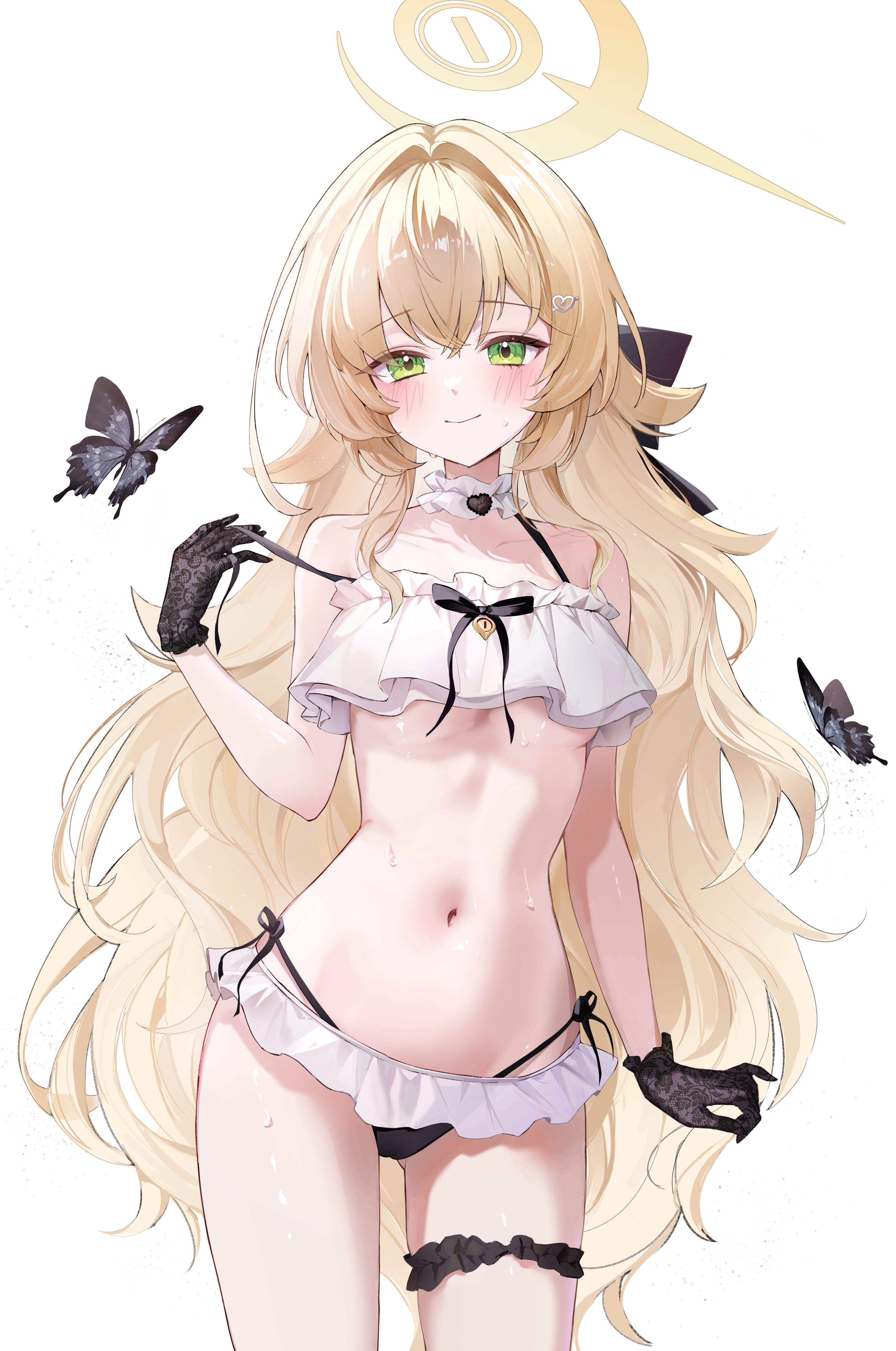 1girls, absurdres, alternate costume, ass visible through thighs, bare arms, bare shoulders, bare thighs, bikini, black gloves, blonde hair, blue archive, blush, breasts, closed mouth, collarbone, cowboy shot, female, female only, frilled bikini, frills, gloves, green eyes, hair intakes, halo, highres, jogabi, layered bikini, long hair, looking at viewer, navel, professor niyaniya (blue archive), shoulders, simple background, small breasts, smile, solo, stomach, strap slip, sweat, swimsuit, thigh strap, thighs, underboob, undressing, variant set, very long hair, white background, white bikini, white swimsuit, yellow halo