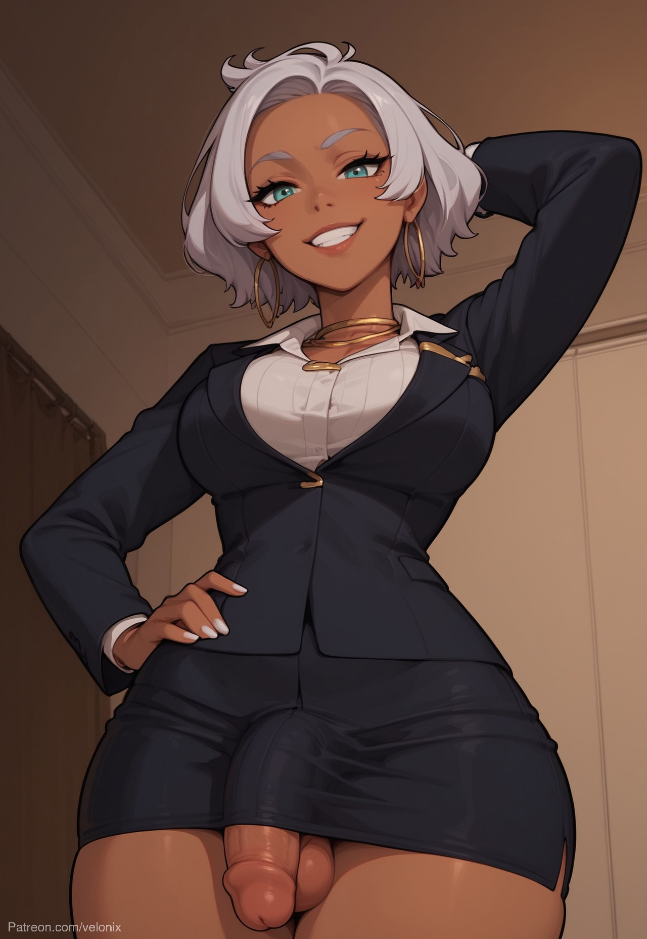 1futa, ai generated, ass, balls, bare breasts, belly, belly button, big ass, big breasts, big butt, big hips, big penis, blue eyes, breasts, cleavage, dark skin, dark-skinned futa, dick, dickgirl, eyebrows, eyelashes, from below, fully naked, fully nude, futa only, futanari, grin, grinning, grinning at viewer, gundam, gundam suisei no majo, hands behind back, hands-free, huge cock, indoors, intersex, legs, legs apart, lips, long hair, looking at viewer, makeup, medium hair, naked, naked futa, narrow waist, narrowed eyes, nipples, nose, nude, nude futa, penis, secelia dote, seducing, seductive, seductive eyes, seductive gaze, seductive look, seductive mouth, seductive pose, seductive smile, smile, smile at viewer, smiley face, smooth balls, smooth penis, smooth skin, solo, solo dickgirl, solo focus, solo futa, taker pov, testicles, velonix, white hair