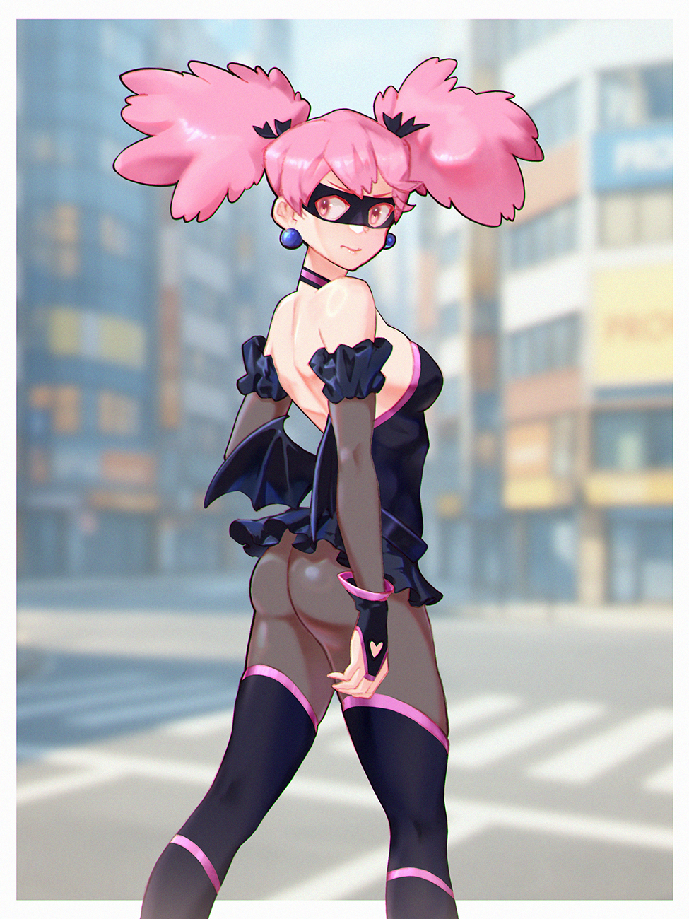 1girls, ass, backless leotard, bat wings, big ass, big breasts, black gloves, black leotard, black skirt, blush, breasts, domino mask, eyewear, female, female only, footwear, full body, gloves, hair, haneyama kazuho, holding object, legwear, leotard, microphone, my hero academia, one eye closed, pink eyes, pink hair, pop step, shoes, short skirt, skirt, smile, solo, solo female, superheroine, thighhighs, thighs, twin drills, twintails, vigilante: my hero academia illegals
