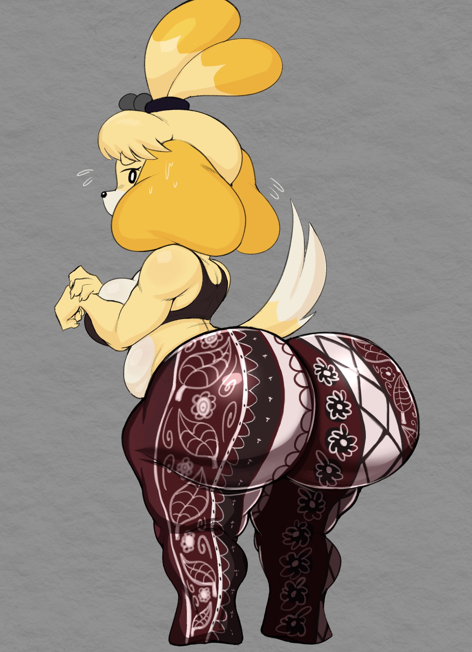 1girls, animal crossing, anthro, ass, big ass, bottom heavy, breasts, bubble ass, bubble butt, canine, clothing, crop top, fat ass, female, female only, flare pants, forbidden pants, furry, furry only, grey background, huge ass, isabelle (animal crossing), large ass, looking at viewer, looking back, purple yoshi draws, solo, tail, thick ass, thick thighs, thunder thighs, wide hips