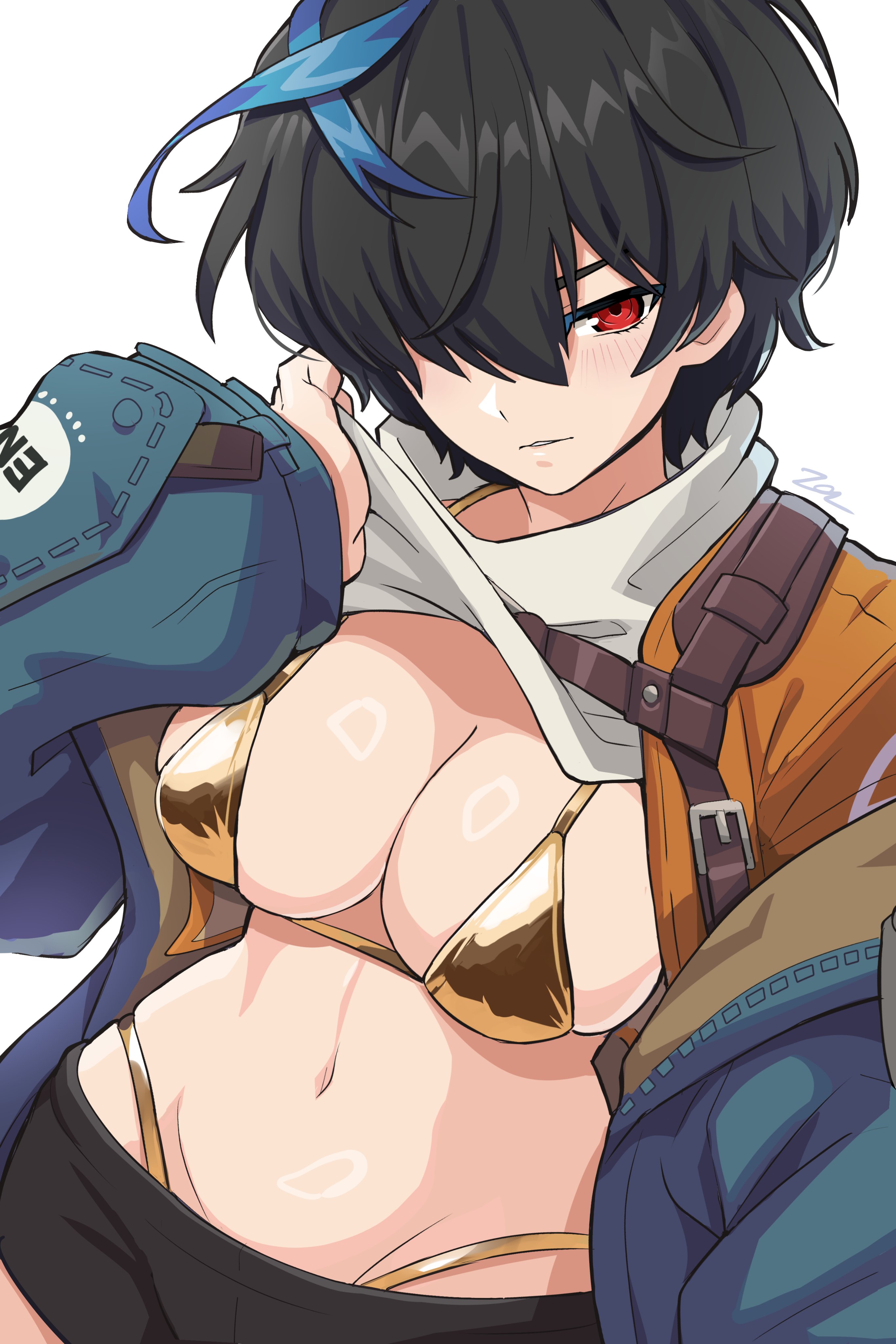 1girls, 2025, big breasts, bikini, black hair, blush, breasts, breasts out, dyed hair, female, female only, gold bikini, guilty gear, guilty gear strive, hi res, huge breasts, jacket, lifting, midriff, nipples visible through clothing, red eyes, short hair, shorts, smile, sollyz, solo, tomboy, unika (guilty gear)