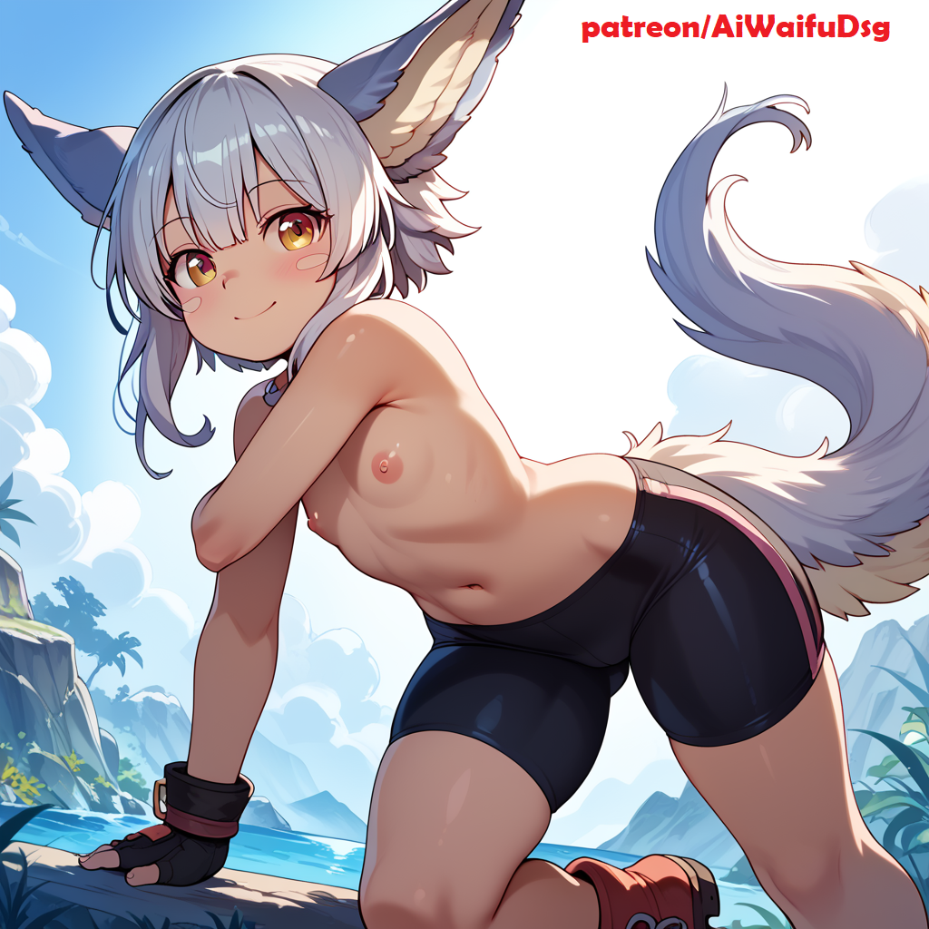 ai_generated aiwaifudesings animal_ears bike_shorts blush boots breasts eileen_(aiwaifudesings) female flat_chest gloves gray_hair looking_at_viewer nipples original original_character outdoors patreon_username smile solo tail topless waterfall yellow_eyes young younger_female