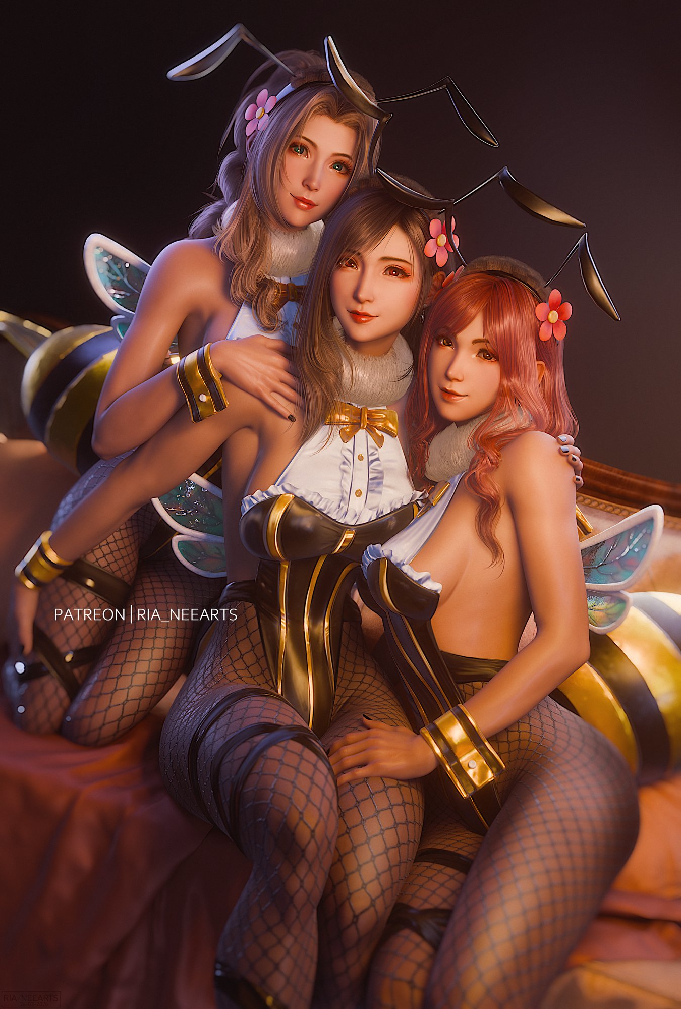 aerith gainsborough, cissnei, final fantasy, final fantasy vii, final fantasy vii remake, honeybee inn uniform, ria-neearts, tifa lockhart