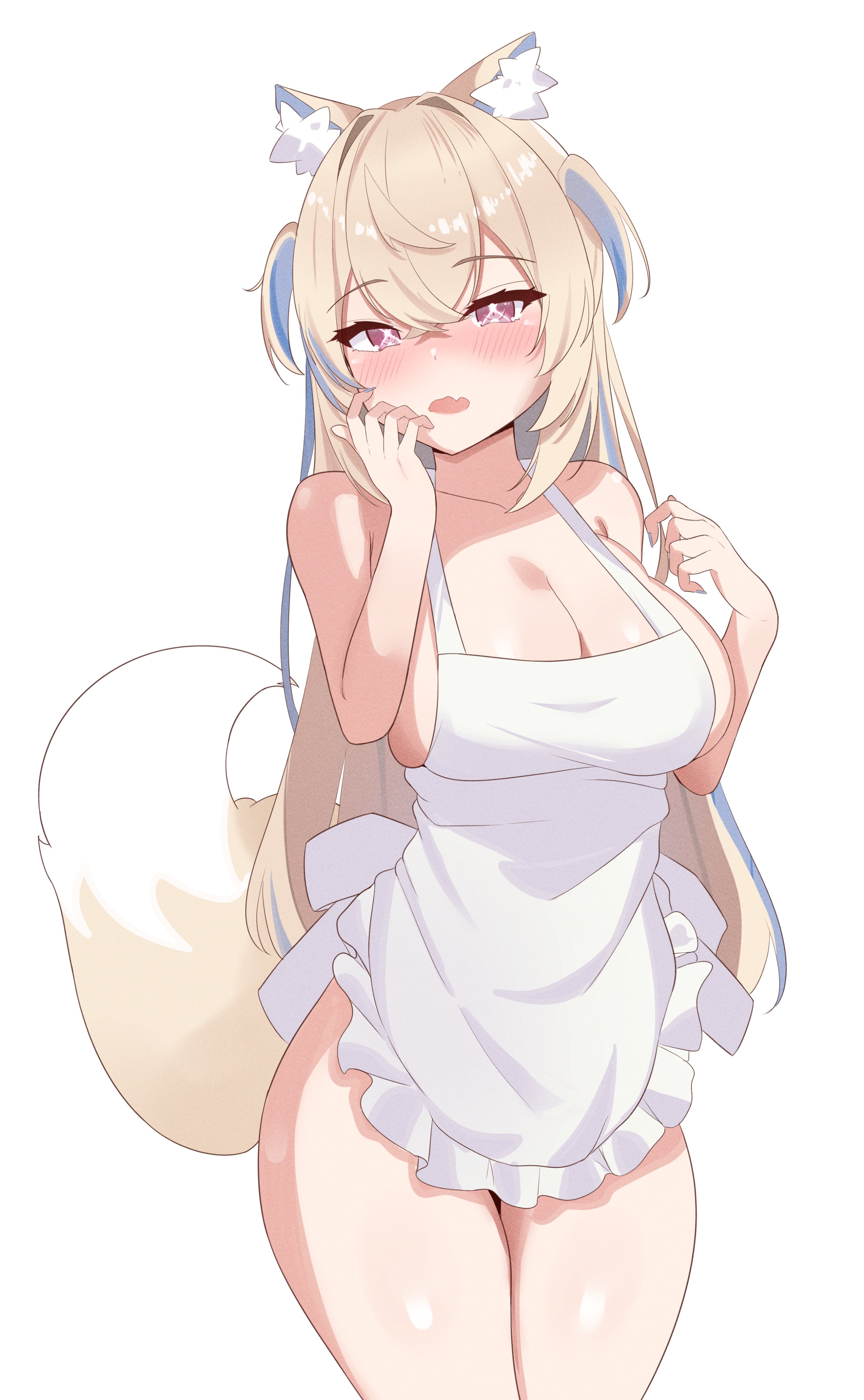 absurdres, animal ear fluff, animal ears, apron, blonde hair, blue hair, blush, breasts, cleavage, dog ears, dog girl, dog tail, female, fuwawa abyssgard, highres, hololive, hololive english, hololive english -advent-, large breasts, long hair, multicolored hair, naked apron, oerba yun fang, open mouth, pink eyes, sasaki ikuya, skin fang, solo, streaked hair, tail, two side up, virtual youtuber, white background