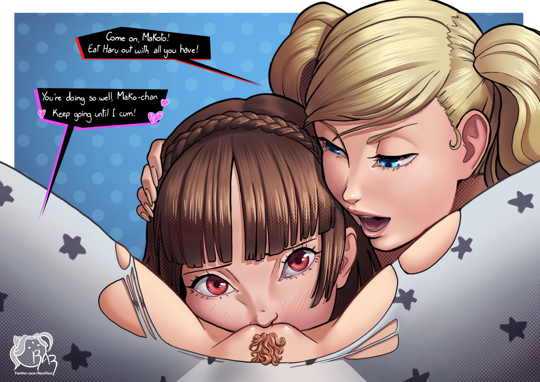 3girls, ann takamaki, atlus, blonde female, blonde hair, blue eyes, blush, brown hair, cunnilingus, deep cunnilingus, dialogue, female, female only, female pov, femdom, giver pov, hairy pussy, haru okumura, looking at viewer, makoto niijima, persona, persona 5, pov, pubes, pubic hair, pussy, razillon, red eyes, short hair, spread legs, text, twintails, yuri