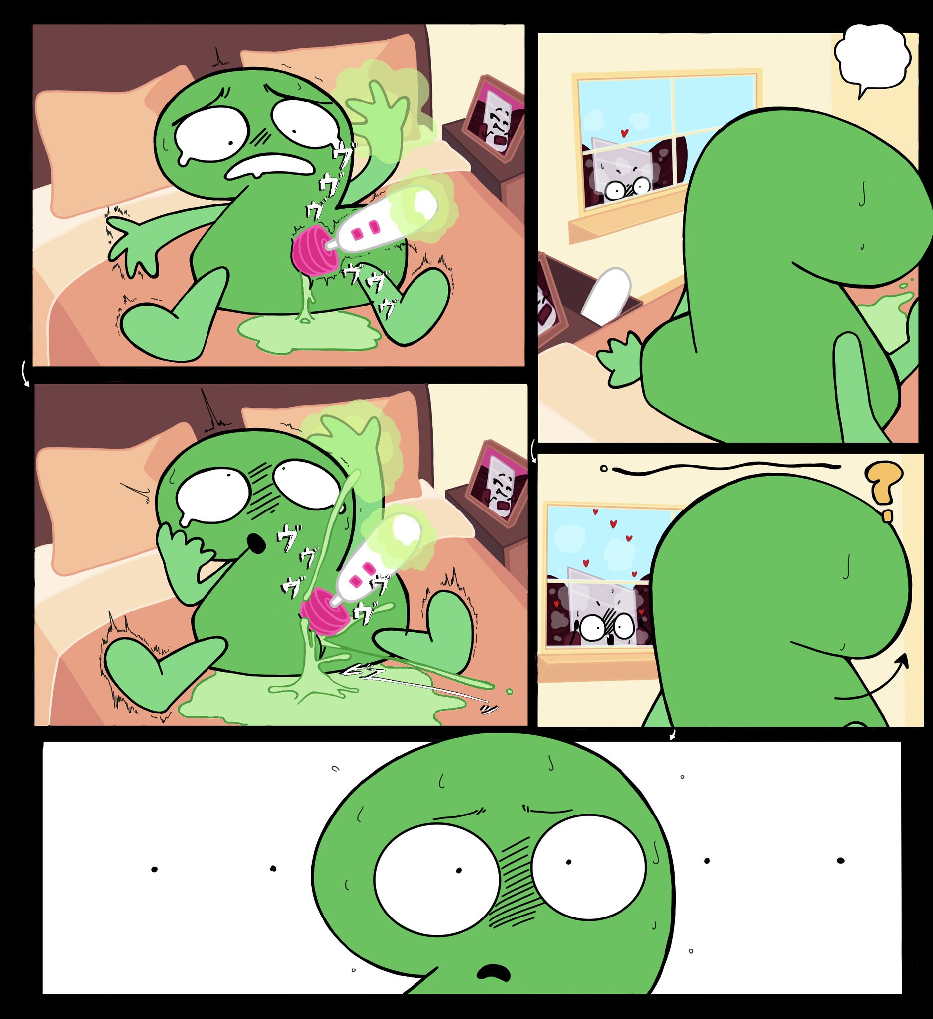 1other, 5 panel comic, algebralien, battle for dream island, bfdi, comic, cum, ejaculation, genderless, green cum, hands-free, hearts, hitachi magic wand, jacknjellify, japanese text, jnj, magic, object show, object shows, oc, onomatopoeia, original character, peeping, peeping tom, picture frame, squirting, squirting cum, squirting orgasm, the power of two, tpot, tremble spikes, trembling, two (tpot), vibrator, vibrator on pussy, wand vibrator, watching masturbation, watching through window