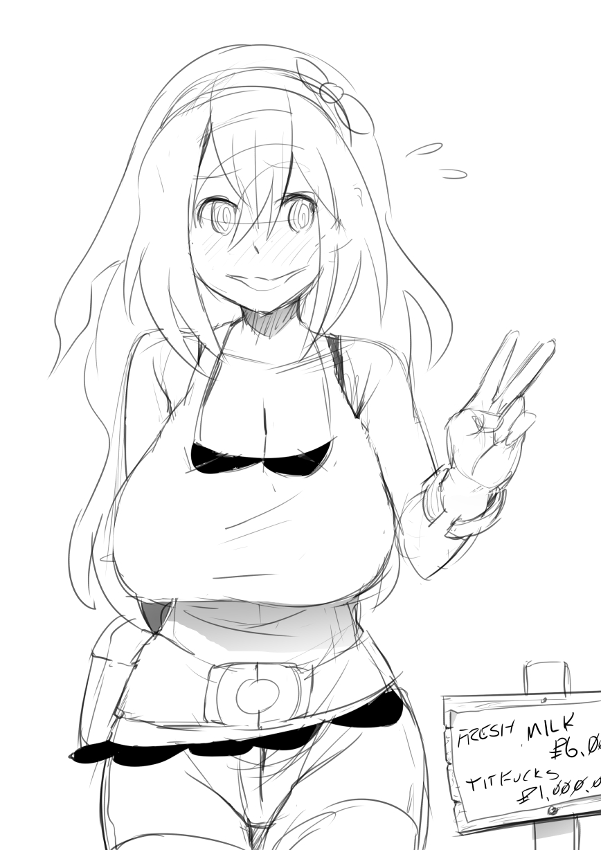 @ @, 1girls, 47k, blush, breasts, cleavage, cosplay, female, game freak, grin, hairband, hex maniac, hex maniac (pokemon xy), huge breasts, human, may (pokemon) (cosplay), monochrome, nintendo, npc trainer, pokemon, pokemon xy, posing, prostitution, sign, sketch, solo, v, wide hips