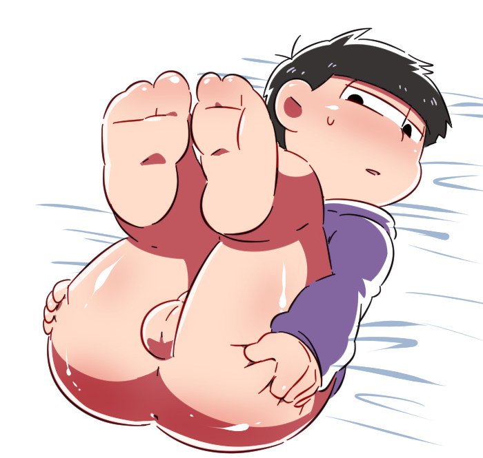 1boy anus ass barefoot black_hair bottomless feet hoodie leg_lift looking_at_viewer lying male_only matsuno_ichimatsu messy_hair on_back osomatsu-kun osomatsu-san penis solo sweatdrop tagme testicles