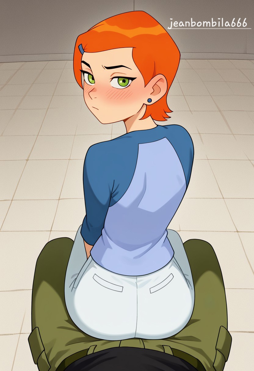 1boy, 1girls, ai generated, ass, ass focus, assjob, ben 10, ben 10 (classic), blush, buttjob, cartoon network, female, green eyes, gwen tennyson, gwen tennyson (classic), jeanbombila666, male, orange hair, sitting on lap