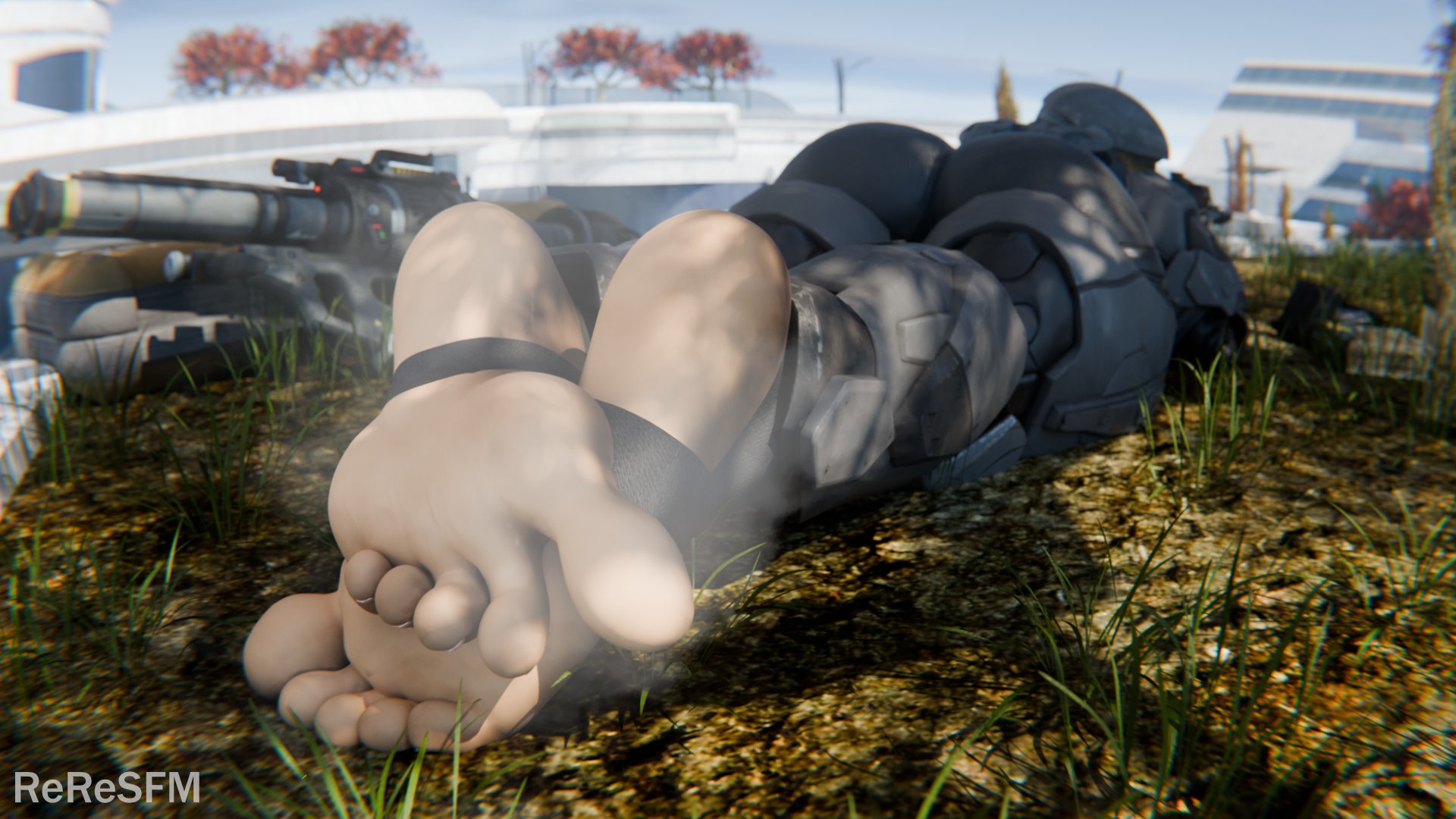 1girls, 3d, armor, ass, ass bigger than head, behind view, big ass, big butt, bubble ass, bubble butt, clothing, curvaceous, curvy, curvy figure, feet, female, female only, foot fetish, foot focus, halo (series), helmet, huge ass, low-angle view, mostly clothed, musk, musk clouds, musky feet, reresfm, sniper, solo, solo female, spartan (halo), steam, steamy feet, thick thighs, tight clothing, voluptuous, voluptuous female, wide hips