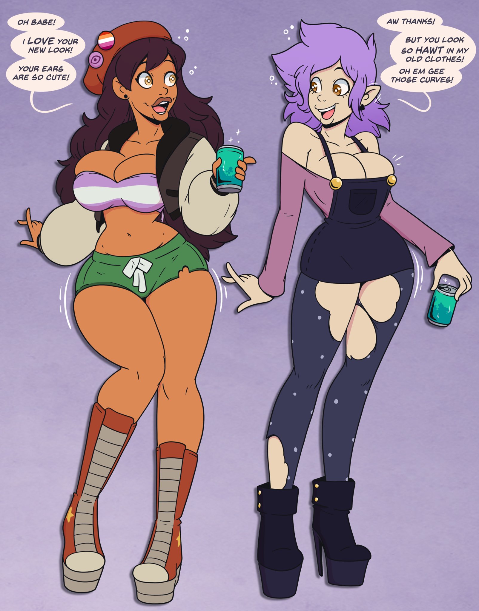 2girls, aged up, amity blight, ass expansion, bimbo, bimbofication, brain drain, breast expansion, breast growth, breast growth (enlargement), breasts, clothing transformation, english text, female, female only, high heel boots, high heels, hourglass figure, latina, lesbian pride colors, luz noceda, platform heels, skimpy, skimpy clothes, speech bubble, swapped clothes, text, the owl house, thick thighs, transformation, wrenzephyr2