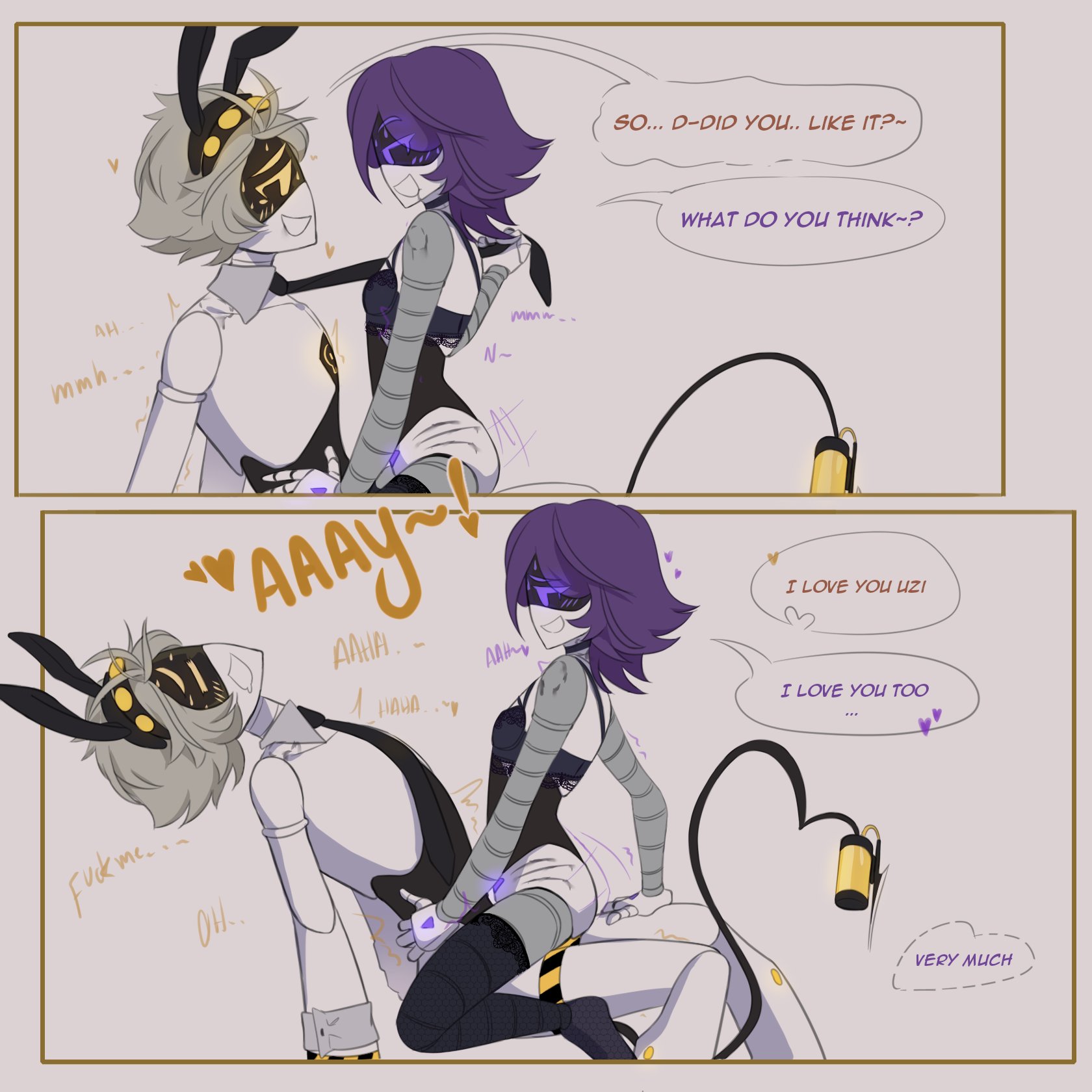 anal, female, female top, furry murder drone, heart, heart symbol, heart tail, leash, male, male/female, murder drones, n (murder drones), puppy boy, puppyboy, puppyplay, purple eyes, purple hair, spiky tail, tagme, tail, tie, uzi (murder drones), white hair, white skin, yellow eyes