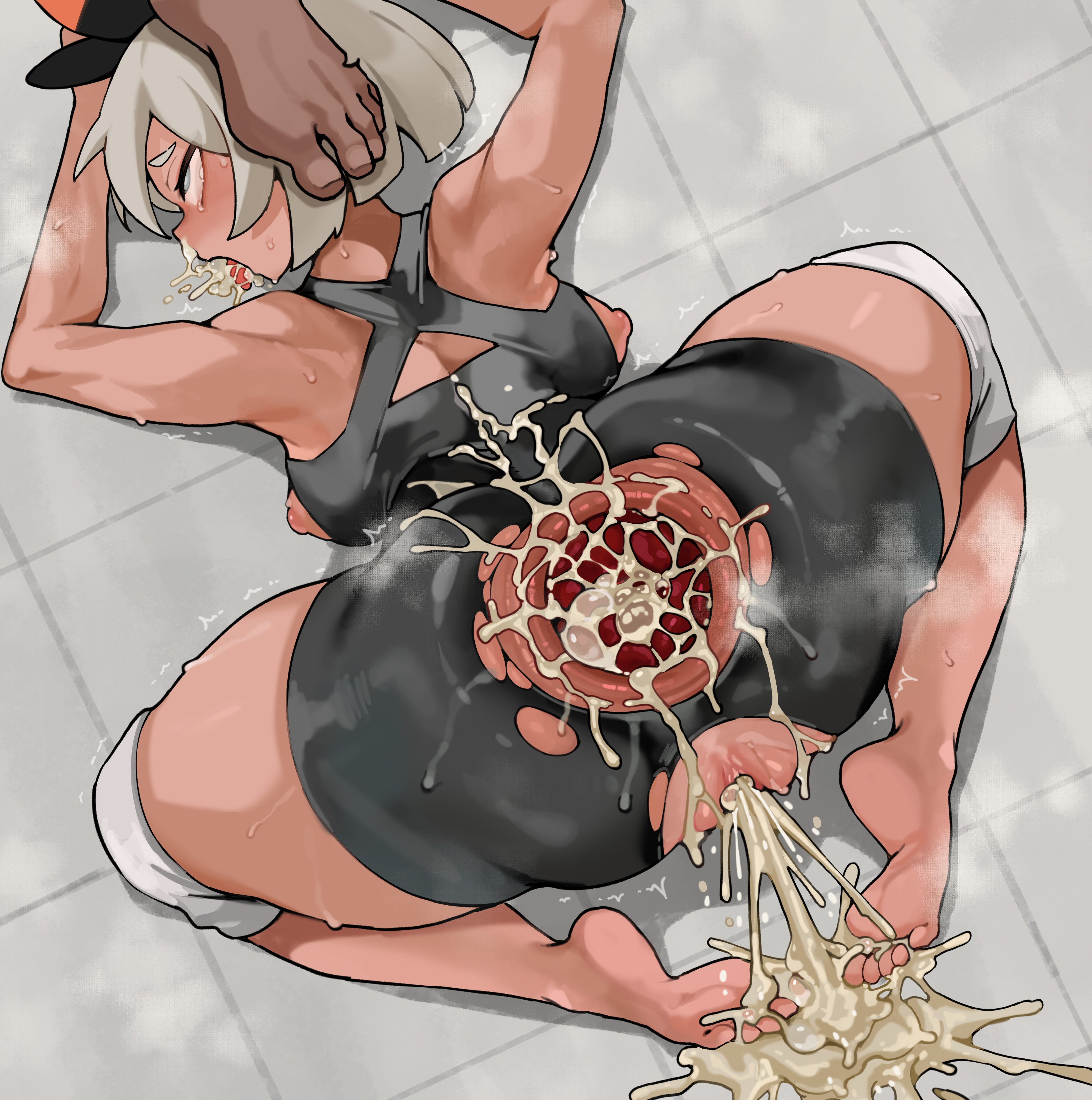 1boy, 1girls, after anal, after sex, anus, ass, bea (pokemon), bodysuit, cum, cum everywhere, cum in ass, cum in mouth, cum in pussy, cum inside, cum on body, dark-skinned male, deep penetration, defeated, female, forced, forced anal, forced exposure, forced oral, gagging, gang rape, gape, gaping, gaping anus, mac (pixiv31869137), male, nintendo, on stomach, pixy1234567891, pokemon, pokemon ss, pussy, ripped clothing, rolling eyes, tears, through clothes, uncensored, vaginal penetration, yellow cum