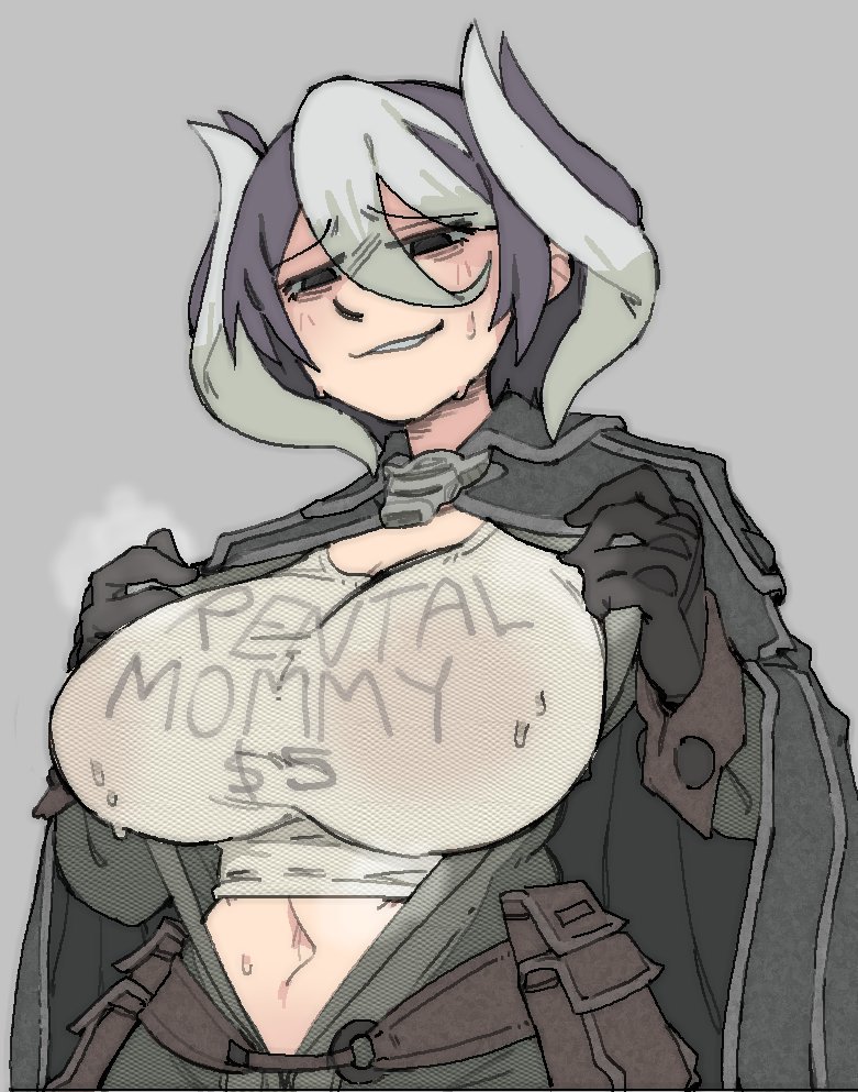 amlogamer, big breasts, black and white hair, black eyes, blush, breasts, breath, female, female only, fully clothed, hair between eyes, huge breasts, made in abyss, mature, mature female, meme, navel, no bra, ozen, pantsu ripper, rental mommy shirt, shaded face, short hair, smile, solo, steam, sweat, t-shirt, tight clothing, two-tone hair, upper body