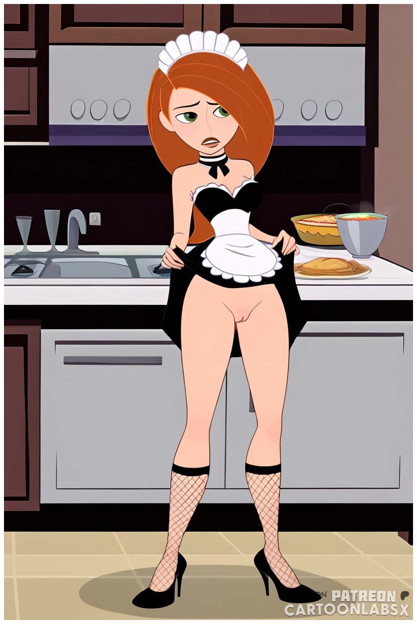 ai generated, bottomless, bottomless female, bottomless skirt, breasts, cartoony, character, embarrassed, embarrassed nude female, female, kim possible, kimberly ann possible, leggings, lifting, lifting clothing, lifting own clothes, lifting skirt, maid, maid apron, maid headdress, maid outfit, maid uniform, naked, naked female, nudity, orange hair, shego, skirt, skirt lift, skirt up, solo female, stripped naked, stripping, submissive, submissive female, tits out