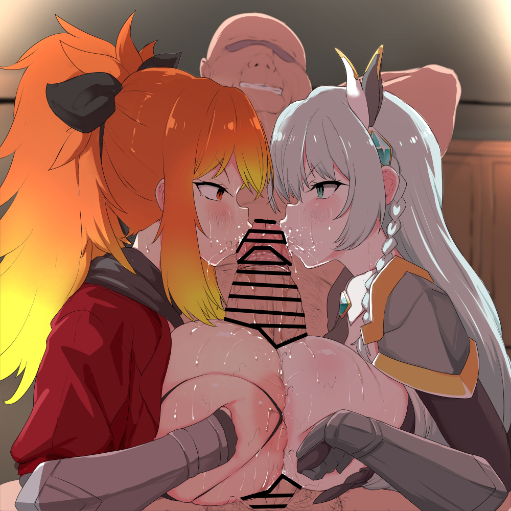 1boy 2girls allucia_citrus bald balls bar_censor blush boobjob breast_grab breast_press breasts censor_bar censored clothed clothed_female_nude_male clothed_sex clothing completely_nude cooperative_paizuri erection eye_contact female ffm_threesome grabbing_breasts grabbing_own_breast gradient_hair green_eyes grey_hair group_sex huge_cock katainaka_no_ossan_kensei_ni_naru kissing kissing_penis long_hair looking_at_viewer male male/female male_pubic_hair multicolored_hair multiple_girls nude open_mouth orange_eyes orange_hair paizuri penis ponytail pt pubic_hair serious smile stray_pubic_hair surena_lysandra teamwork_(sexual) testicles threesome titjob vein veins veiny veiny_penis