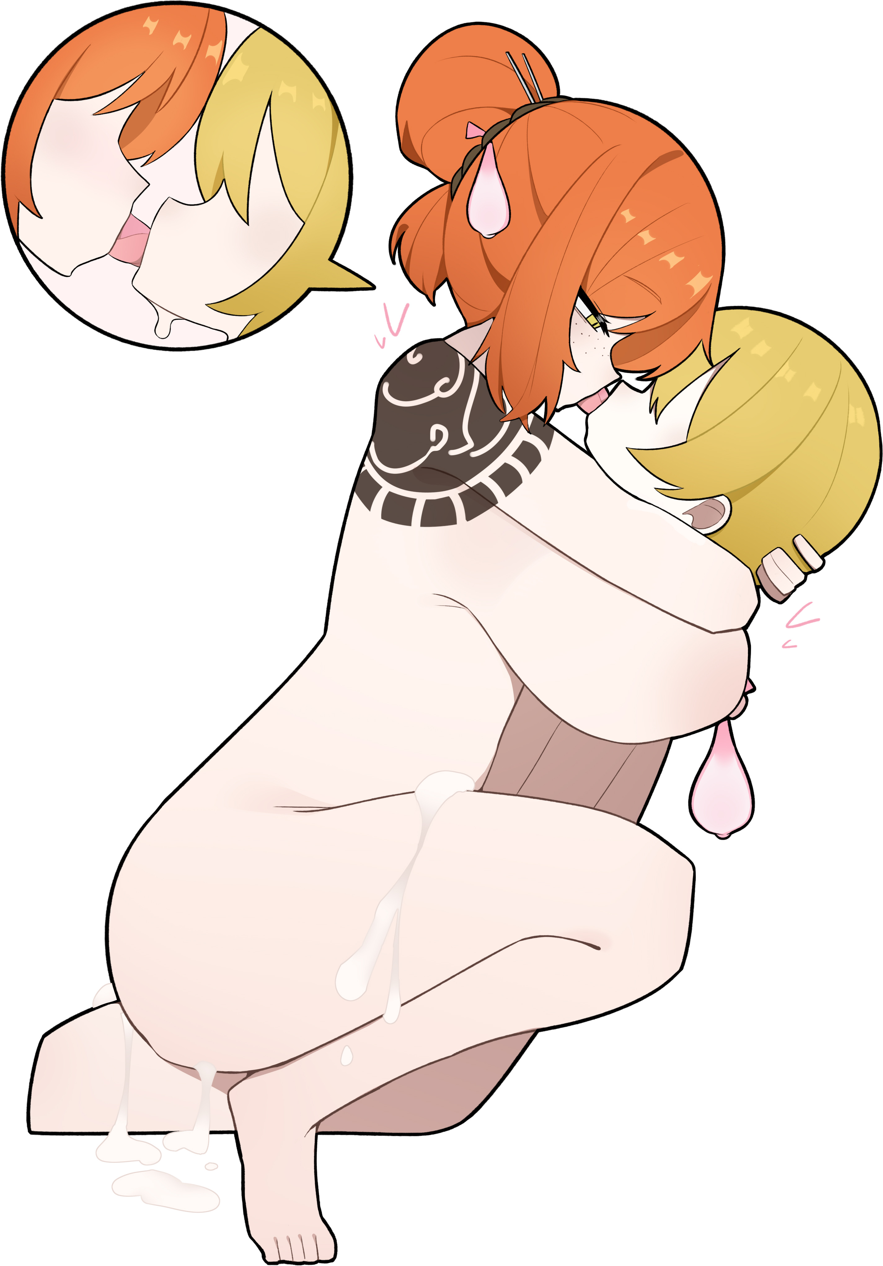 1boy, 1girls, absurd res, ambiguous penetration, arms around neck, assertive female, big breasts, blonde hair, breasts, cheese-fishball (artist), condom, condom accessories, condom hair ornament, cum on leg, fanon couple, female, female on top, french kiss, hair bun, hi res, hugging, irezumi, ishmael (limbus company), kissing, kissing while penetrated, kurokumo clan (identity) (project moon), larger female, light skin, light-skinned female, limbus company, looking at partner, male, medium hair, nipples, non-canon couple, orange hair, project moon, sex, shipping, short hair, shoulder tattoo, sinclair (limbus company), smaller male, taller female, tattoo, thighs, toes, tongue kiss, used condom, used condom tied on nipples, yakuza tattoo, yellow eyes