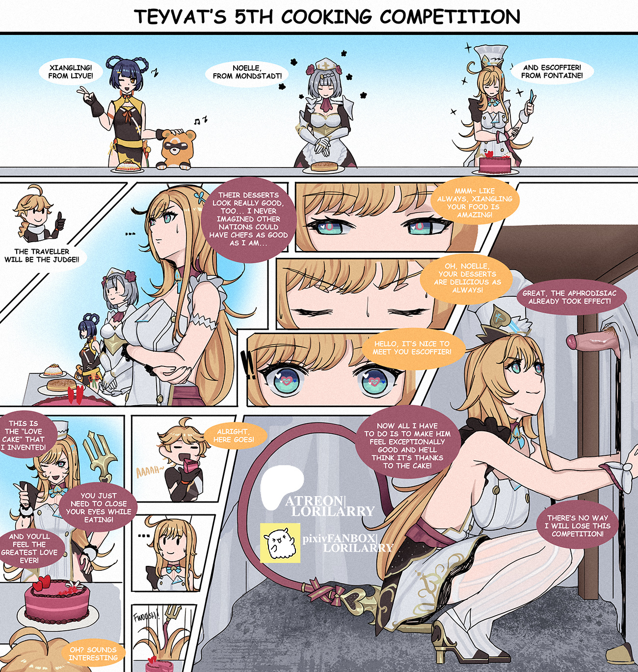 1boy, 3girls, aether (genshin impact), blonde hair, chef, comic, crouching, dialogue, escoffier (genshin impact), female, genshin impact, heart-shaped pupils, hoyoverse, imminent sex, lorilarry, male, mihoyo, noelle (genshin impact), squatting, text, under the table, xiangling (genshin impact)