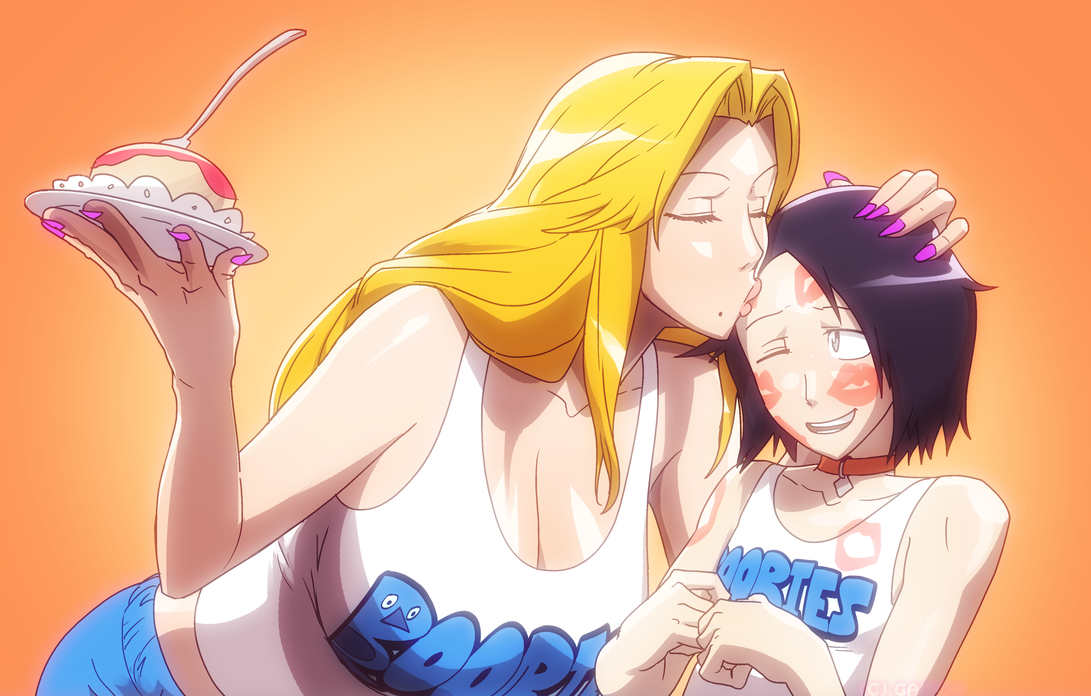 1boy, 1girls, bare shoulders, beauty mark, big breasts, bleach, breasts, cake, closed eyes, dark purple hair, desert, digital drawing (artwork), digital media (artwork), eyelashes, fat breasts, female, food, gairon, hanataro yamada, hand on head, height difference, hi res, holding, holding object, holding plate, huge breasts, kiss mark, kissing, lipstick mark, long hair, male, matsumoto rangiku, one eye closed, orange background, orange hair, plate, puckered lips, short hair, simple background, tank top, wholesome