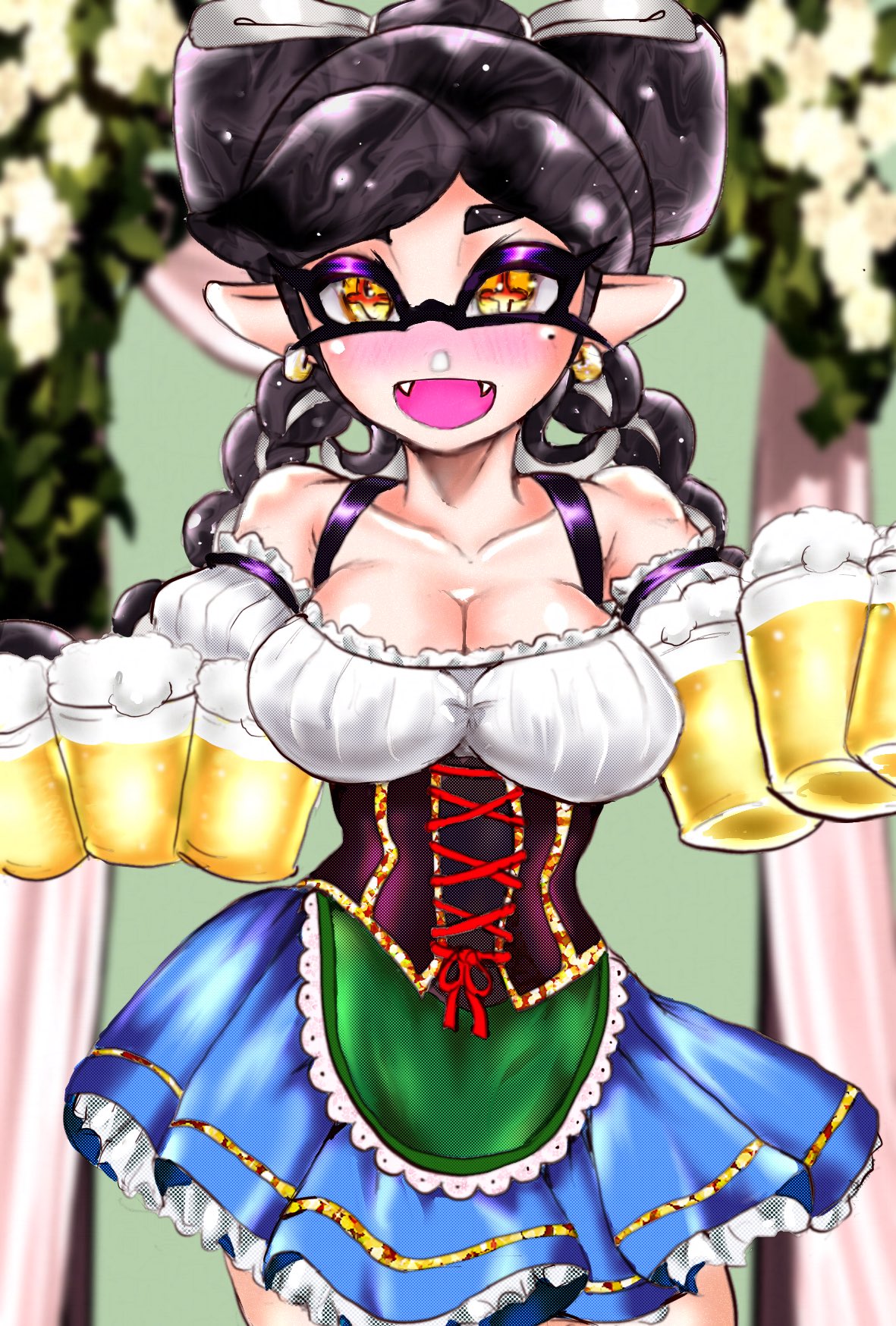1girls alcohol black_hair blush braid braided_hair braided_twintails breasts callie_(splatoon) cleavage dress earrings female inkling inkling_girl large_breasts long_hair looking_at_viewer mazuo917 mole mole_under_eye nintendo open_mouth pointy_ears solo solo_female solo_focus splatoon tentacle_hair twin_braids twintails waitress yellow_eyes