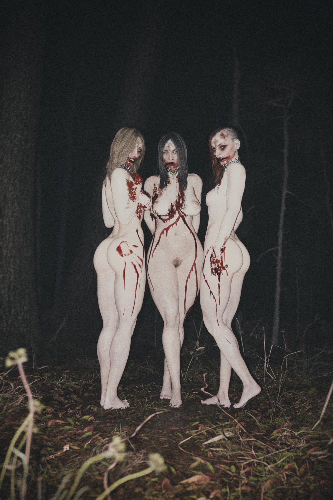 3d, 3girls, ass, bela (resident evil), big ass, big breasts, biohazard, black hair, blonde female, blonde hair, blood on face, blood stain, breasts, brown hair, bust, busty, capcom, cassandra (resident evil), casual, choker, completely nude, curvaceous, curvy, curvy figure, daniela (resident evil), female, female focus, female only, forest, group, hips, light skin, light-skinned female, looking at viewer, mature, mature female, multiple females, multiple girls, nature, nude, nude female, nudist, nv3d, outdoors, outside, pale skin, pale-skinned female, pubes, pubic hair, resident evil, resident evil 8: village, sisters, slim waist, smile, smiling, smiling at viewer, thick, thick hips, thick legs, thick thighs, thighs, trio, trio focus, voluptuous, waist, wide hips