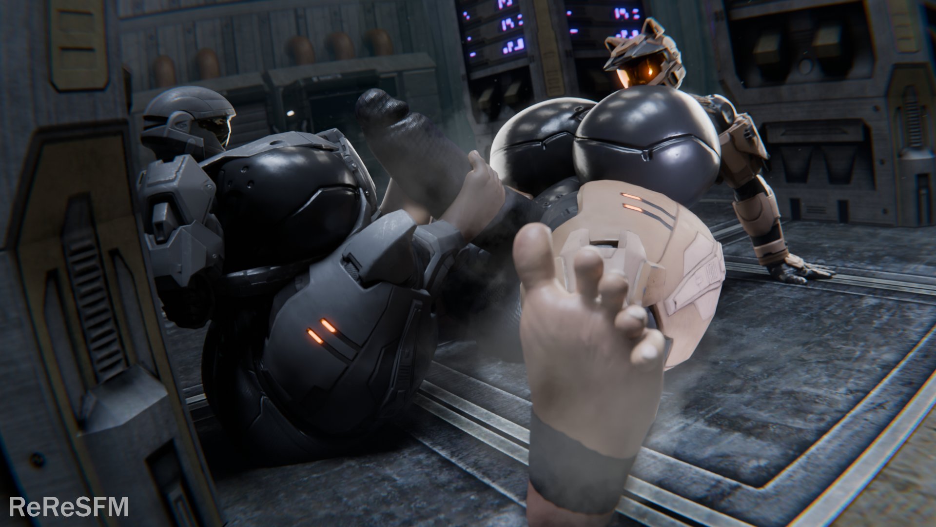 1futa, 1girls, 3d, armor, ass, ass bigger than head, balls, big ass, big balls, big breasts, big butt, big penis, breasts, breasts bigger than head, bubble ass, bubble butt, clothing, curvaceous, curvy, curvy figure, erection, feet, female, foot fetish, footjob, futanari, halo (series), helmet, huge ass, huge balls, huge breasts, huge cock, intersex, mostly clothed, musk, musk clouds, musky feet, nisha (reresfm), penis, reresfm, soles, spartan (halo), steam, steamy feet, tight clothing, two-footed footjob, voluptuous, voluptuous female, voluptuous futa