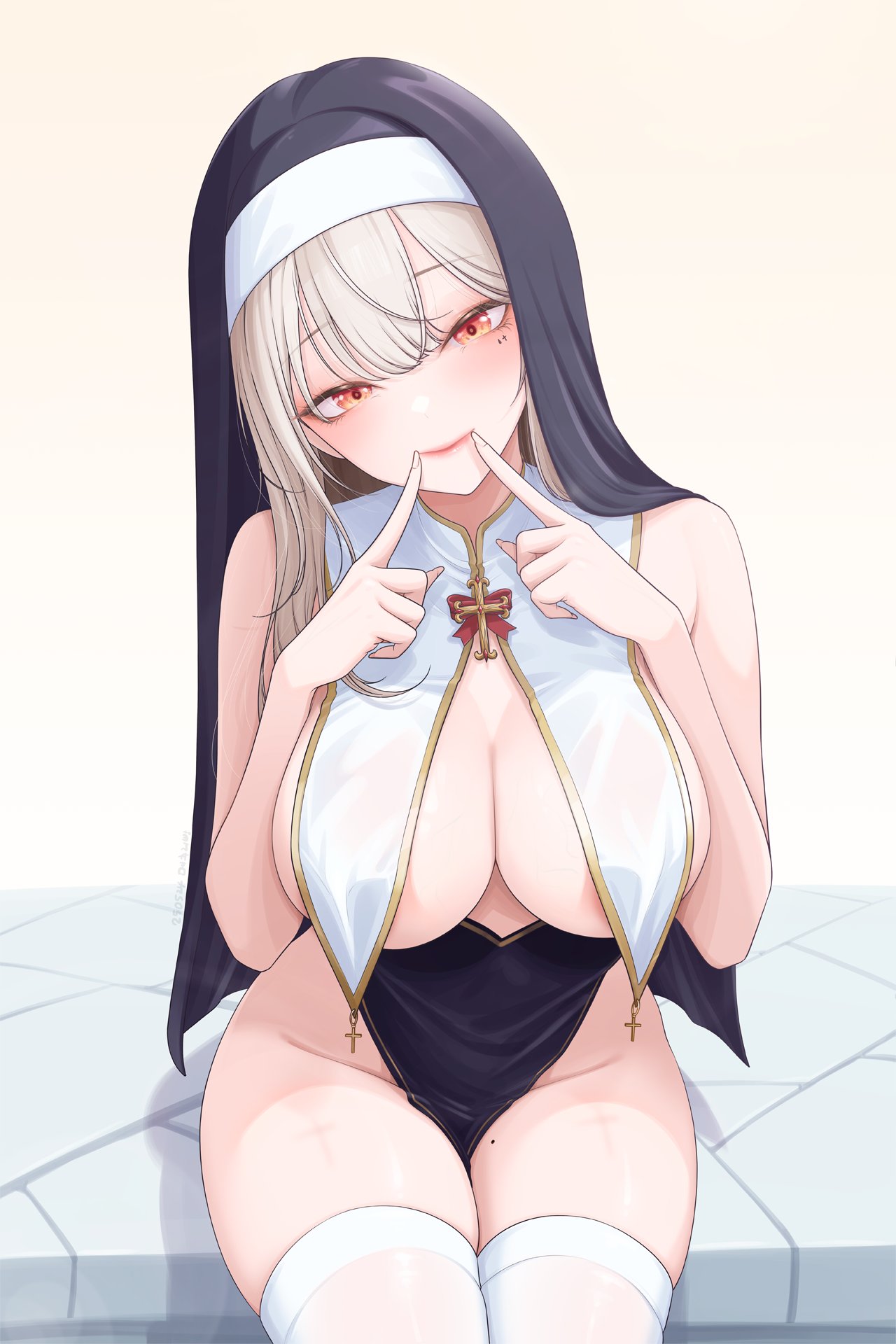 bare arms, bare shoulders, black veil, breast curtains, breasts, closed mouth, facial mark, female, finger to mouth, fingersmile, gold trim, head tilt, highres, long hair, looking at viewer, mole, mole on thigh, myomomoo, no panties, nun, nun outfit, original, pelvic curtain, red eyes, revealing clothes, sitting, smile, solo, thighhighs, thighs, veil, white hair, white thighhighs