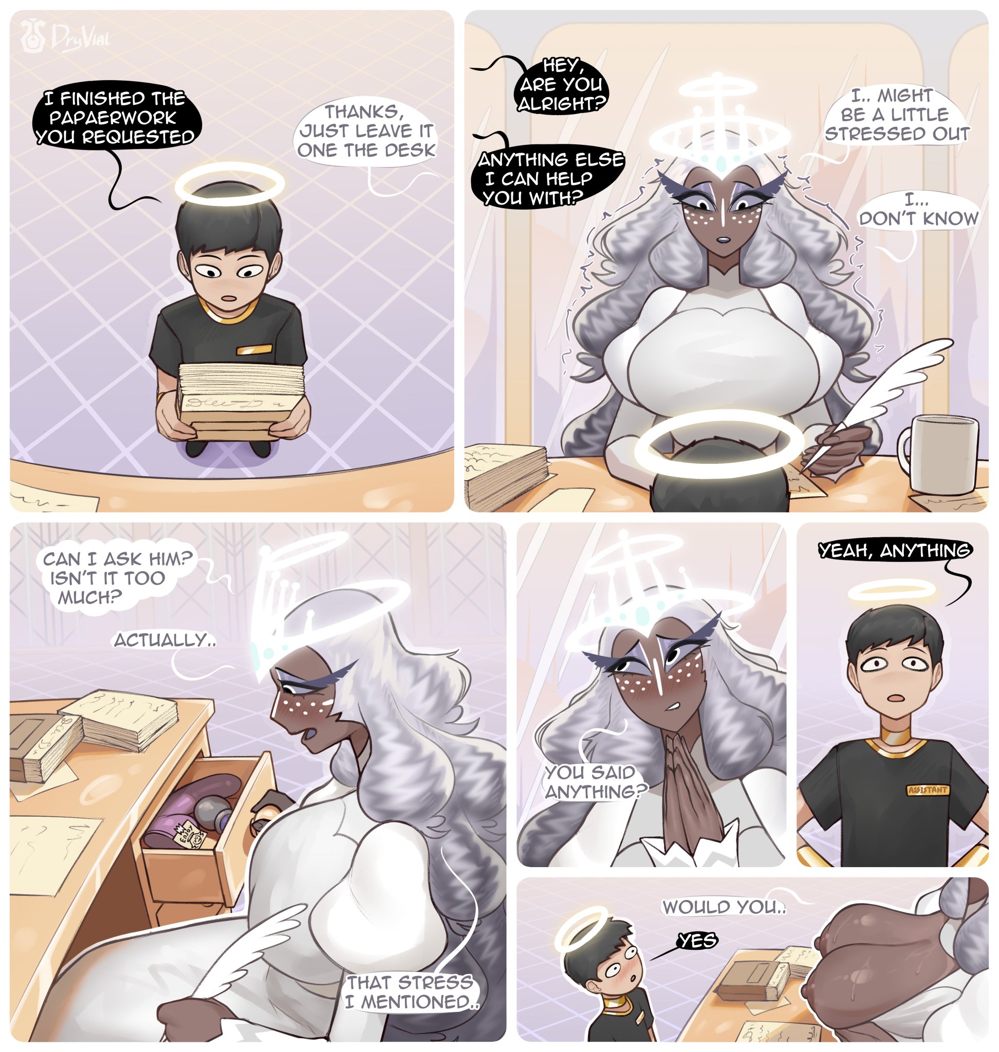 1boy, 1girls, angel, angel boy, angel girl, angel wings, aureola, bare breasts, big breasts, blue eyes, blush, breasts, color, dark skin, dark-skinned female, dryvial, english text, female, grey hair, hazbin hotel, hi res, large breasts, long hair, male, male/female, nipples, sera (hazbin hotel), sex toy, tagme, text, text bubble, thick thighs, vivienne medrano