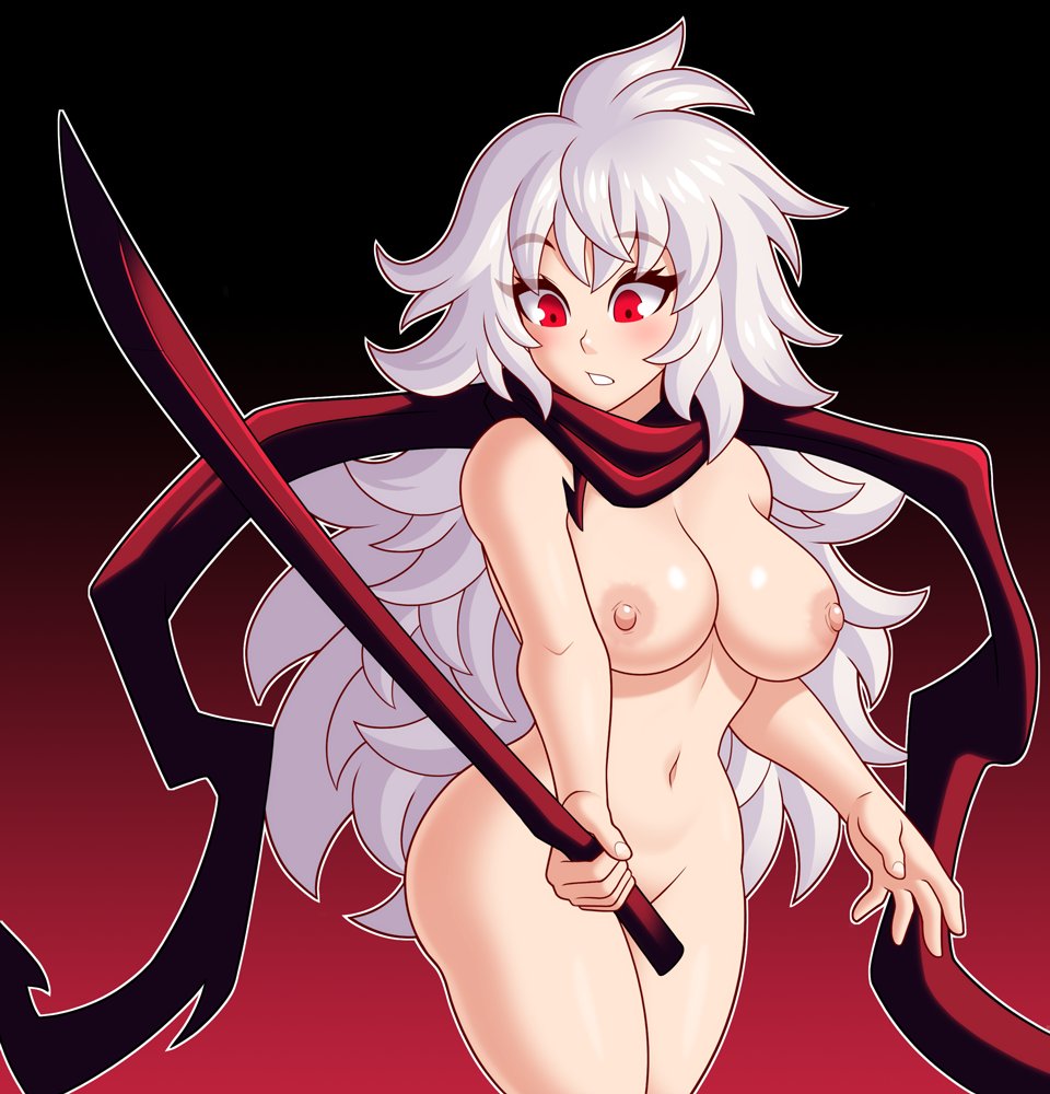 1girls anima_cal_livs black_background breasts chemical_bro convenient_censoring eve_(anima_cal_livs) female gradient_background long_hair naked_scarf nipples nude red_background red_eyes scarf solo sword very_long_hair weapon white_hair