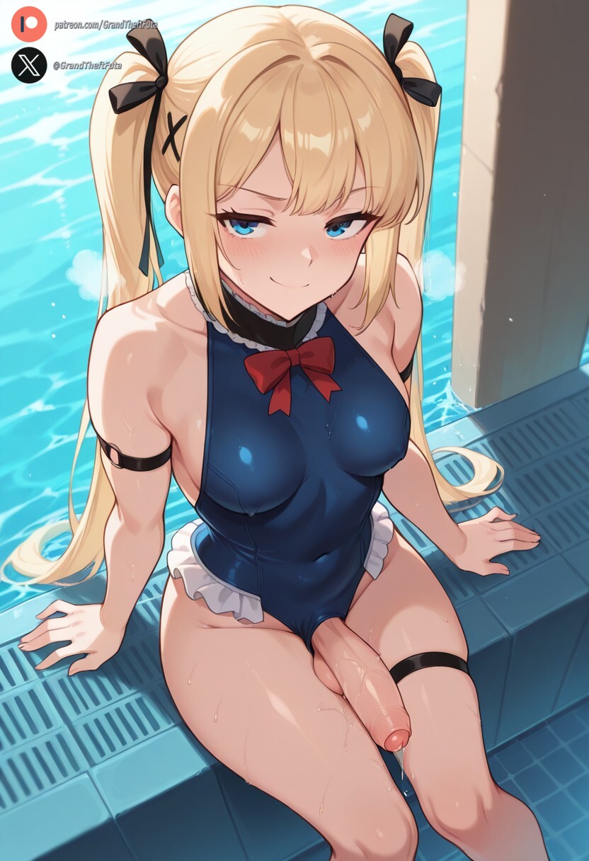 1futa, ai generated, balls, big penis, blonde hair, blue eyes, blush, breasts, clothing, cock, dead or alive, dickgirl, erection, foreskin, futa only, futanari, high-angle view, huge cock, intersex, light skin, light-skinned futa, long hair, looking at viewer, marie rose, medium breasts, penis, precum, roxygtf, sitting, smug, solo, sweat, sweating, sweaty body, swimsuit, uncircumcised