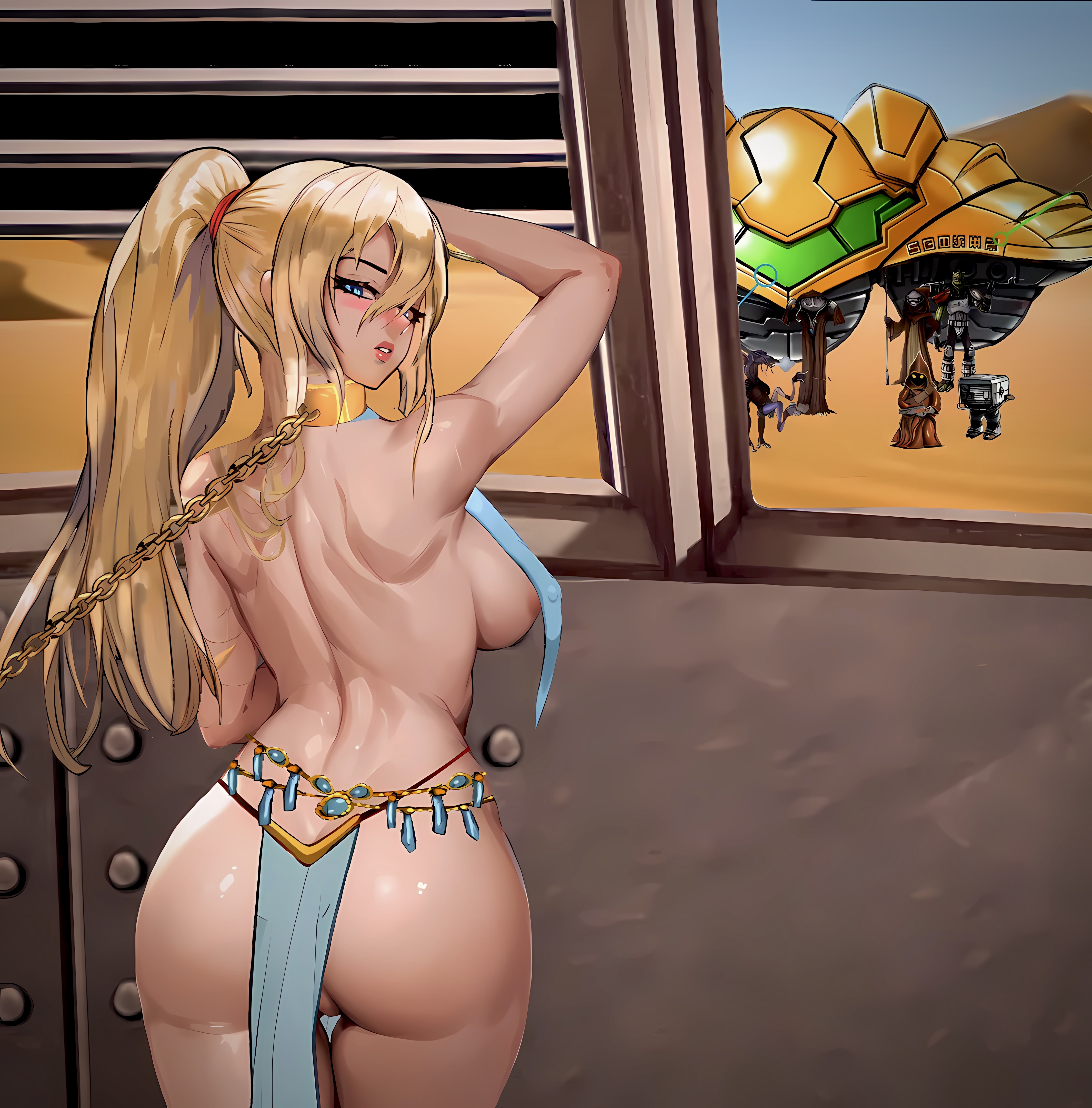 ai generated, alien, artist request, ass, bare arms, bare back, bare midriff, bare shoulders, barely clothed, big ass, big breasts, blonde hair, blue eyes, blush, bondage, breasts, chain leash, chains, collar, dancer outfit, defeat, defeated, defeated heroine, desert, dominant male, domination, edit, enslaved, female, fit female, gold chain, gold collar, harem girl, harem jewelry, harem outfit, humiliated, humiliating, humiliation, jawa, large ass, large breasts, leash, leash and collar, leash pull, looking back, male, metal collar, metroid, objectification, objectified, perfect body, ponytail, sail barge, samus aran, sand, slave, slave girl, slave outfit, slave samus, spaceship, star wars, submissive female, third-party edit, this is your life now, torment, window, worried