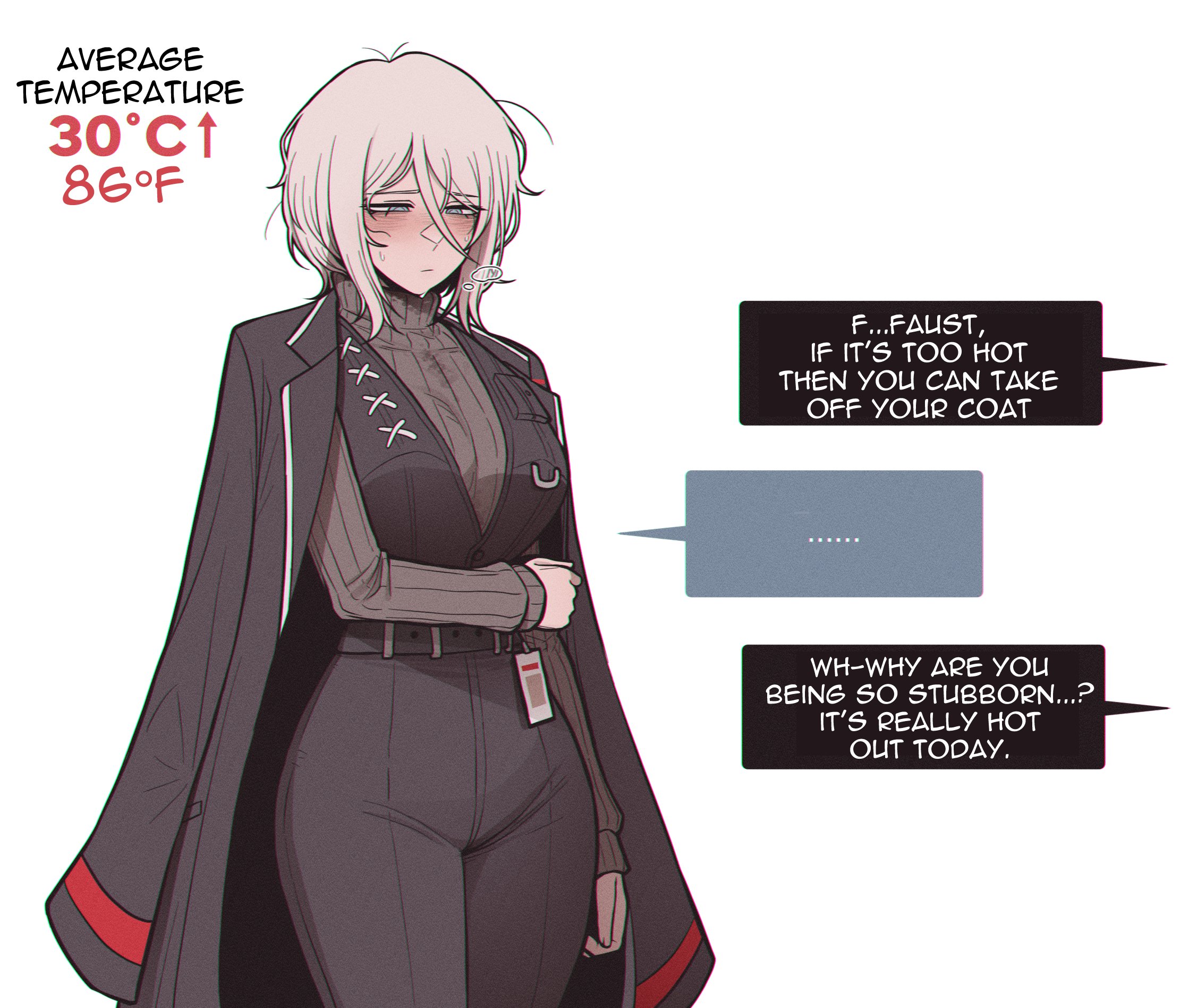 1girls, 1other, blush, blushing, dante (limbus company), dialogue, english text, faust (limbus company), heat, hot, id card, jacket, large breasts, limbus company, misg1111, offscreen character, project moon, short hair, speech bubble, steam, steaming body, steamy breath, sweat on breasts, sweater, sweaty breasts, talking to viewer, uniform, white hair, wide hips, work clothes, work uniform