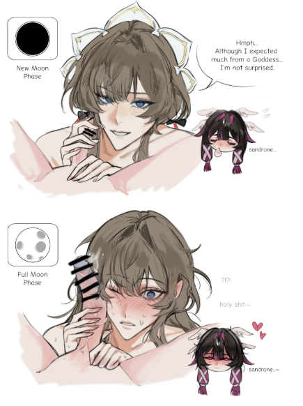 1futa, 1girls, 2koma, big cock, big dick, big penis, blush, blushing, censored, cock, cock shock, columbina (genshin impact), dick, dickgirl, dominant female, domination loss, female, female focus, futanari, genshin impact, grower, grower not a shower, hoyoverse, imminent sex, long hair, penis, sandrone (genshin impact), submissive female, text, yuri