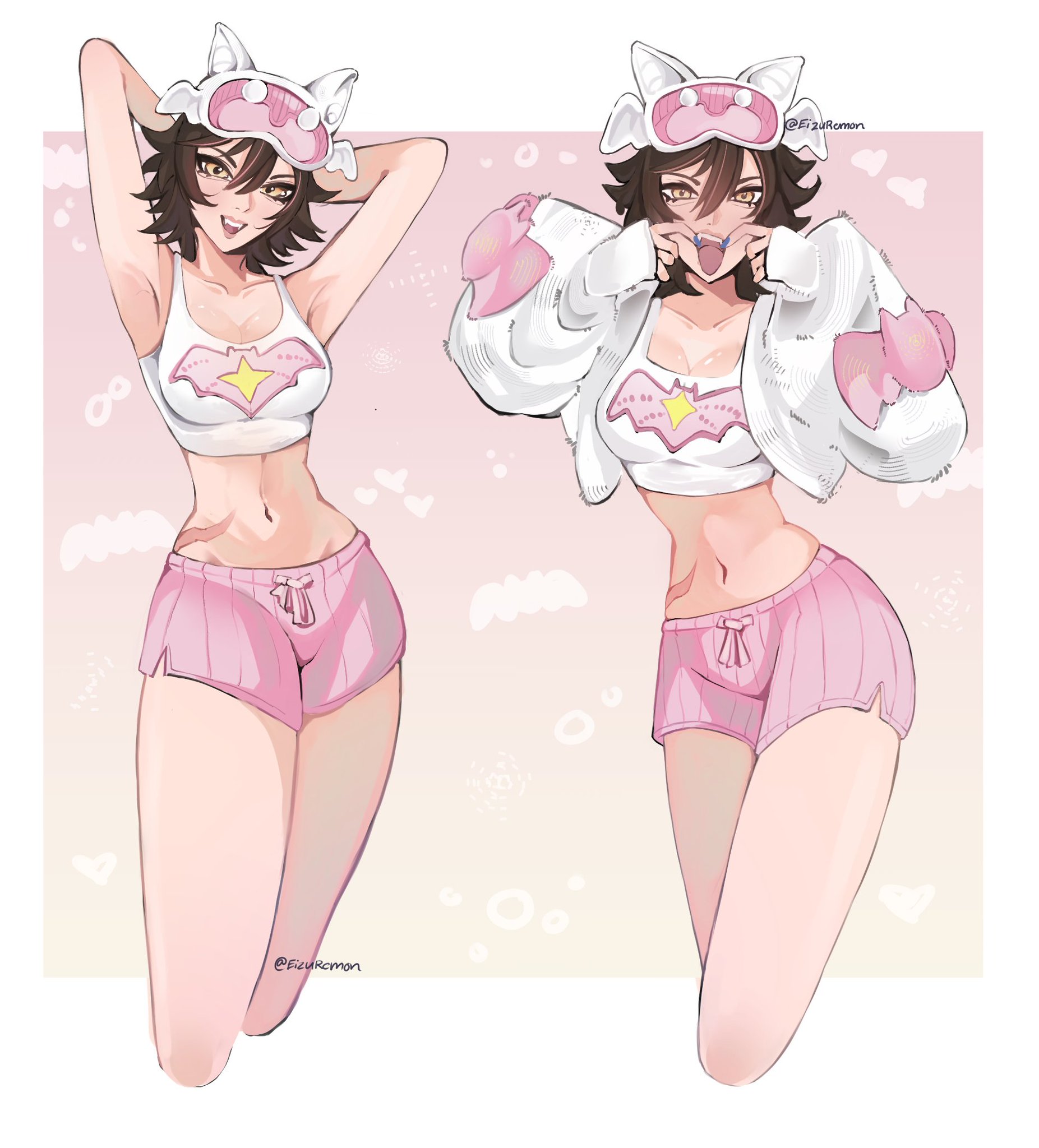 2d, abs, asian, asian female, big breasts, clothed, cute, fangs, fully clothed, heart, jubilation lee, jubilee, jubilee (marvel rivals), jubilee (vampy jammies), marvel, marvel rivals, midriff, navel, pajamas, pubic hair, remon (user dmfg2545), smile, solo, thick thighs, vampire, vampire girl, yawn