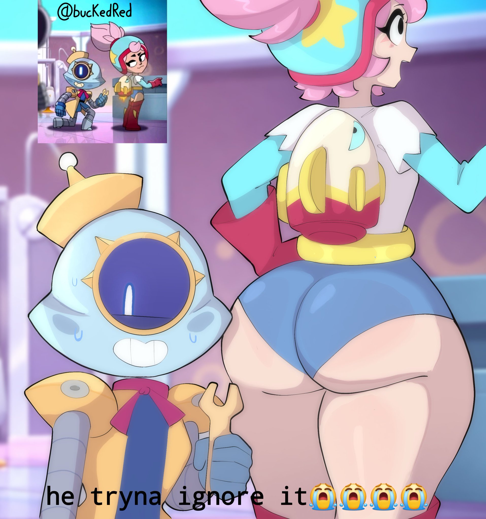 2026, 2girls, android, artist signature, ass, ass focus, back view, background, big ass, blue shorts, brawl stars, bubble ass, bubble butt, bucketred, butt, butt focus, clothed, colored, dat ass, digital art, digital drawing (artwork), digital media (artwork), fat ass, fully clothed, fully clothed female, hand on hip, he tryna ignore it (meme), headwear, height difference, helmet, huge ass, ignoring, janet (brawl stars), light-skinned female, massive ass, meme, nervous, nervous expression, nervous face, nervous smile, nervous sweat, pink hair, presenting ass, red gloves, reference image, render, robot girl, shiny skin, size difference, standing, sweat, sweatdrop, sweating, talking, temptation, text, thick ass, thighs, white female, wide hips, wide thighs