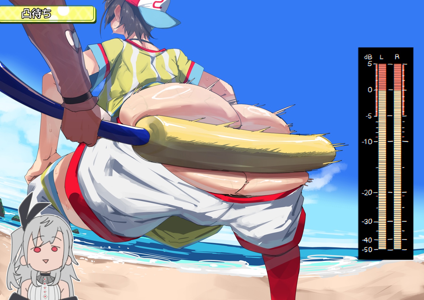 3girls, ass, ass bigger than head, ass focus, ass out, backwards hat, beach, big ass, blank expression, blue sky, brown hair, cap, chibi, clothed, clothed female, clouds, daytime, exposed ass, fat ass, female, female focus, grey hair, hair tied, hands on knees, hat, hitting, hololive, hololive dev is, hololive flow glow, hololive gamers, hololive gen 2, hololive japan, huge ass, image set, impact, impact lines, isaki riona, large ass, legs apart, legs spread, light skin, light-skinned female, long hair, long sleeves, measuring, motion blur, motion lines, necklace, nekomata okayu, no panties, noisy, nuezou, ocean, offscreen character, oozora subaru, oozora subaru (1st costume), outdoor exposure, outside, pants down, pool noodle, red eyes, rocks, sand, shiny skin, shirt, short hair, short sleeves, shorts, shorts down, side ponytail, sky, sleeveless top, spank, spanked, spanked booty, spanking, spanking ass, spanking paddle, squat, squatting, standing, striped shirt, sweat, sweatdrop, sweating, sweaty ass, sweaty body, sweaty face, thighhighs, virtual youtuber, waves, wristband