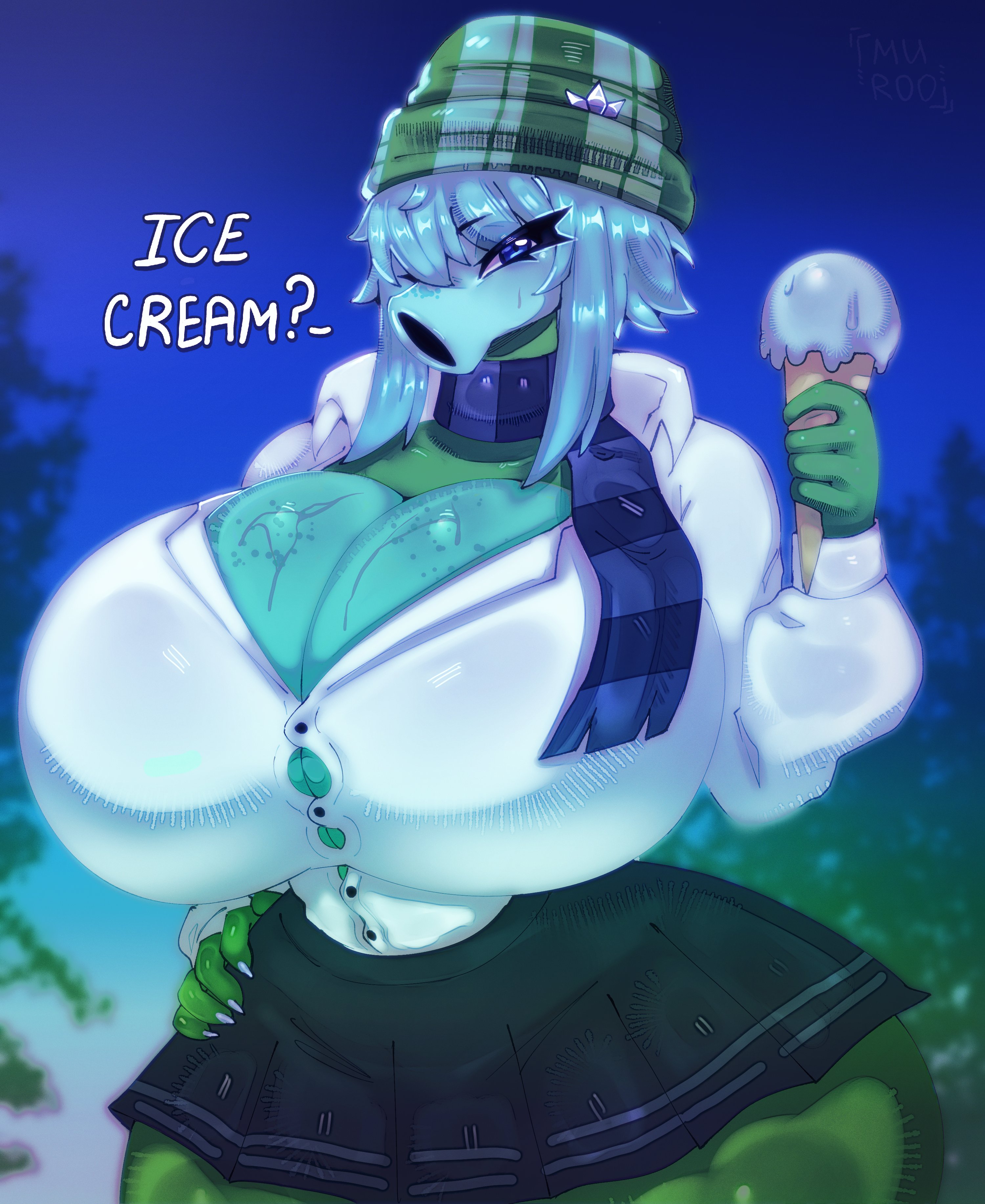 1girls, 2026, anthro, ass, big ass, big breasts, big thighs, blue body, blue eyes, blue hair, blue skin, breasts, clothed, clothing, dialogue, electronic arts, female, female only, flora fauna, gigantic breasts, green body, green skin, huge breasts, hyper, hyper ass, hyper breasts, hyper thighs, leaf, looking at viewer, muroo, peashooter (pvz), plant, plant girl, plant humanoid, plantie, plants vs zombies, plants vs. zombies, popcap, popcap games, pvz, snow pea (pvz), text, thick thighs, thighs, video game, video game character, voluptuous