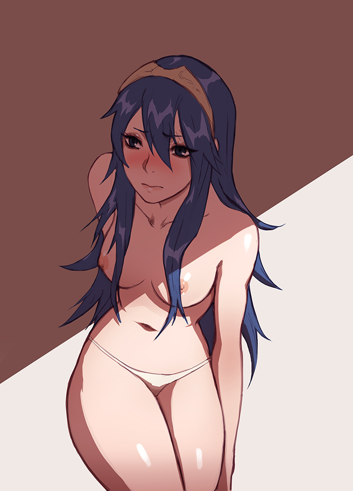 blue hair, blush, breasts, female, fire emblem, fire emblem awakening, hair over breasts, leaning, long hair, lucina (fire emblem), navel, nipples, panties, panties only, shanabi, small breasts, solo, stomach, tiara, topless, white panties