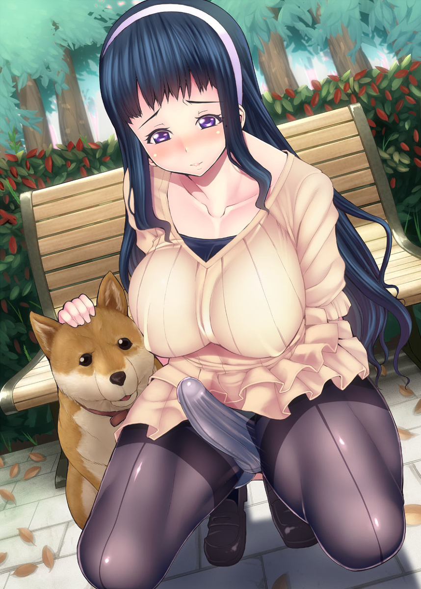 bangs black_hair blush breasts canine collarbone erect_nipples erection erection_under_clothes exhibitionism female futanari hair hairband headdress intersex large_breasts large_penis long_hair looking_down original pantyhose penis purple_eyes red-rum solo_futa squatting thighband_pantyhose tomoe_hanagasa tree