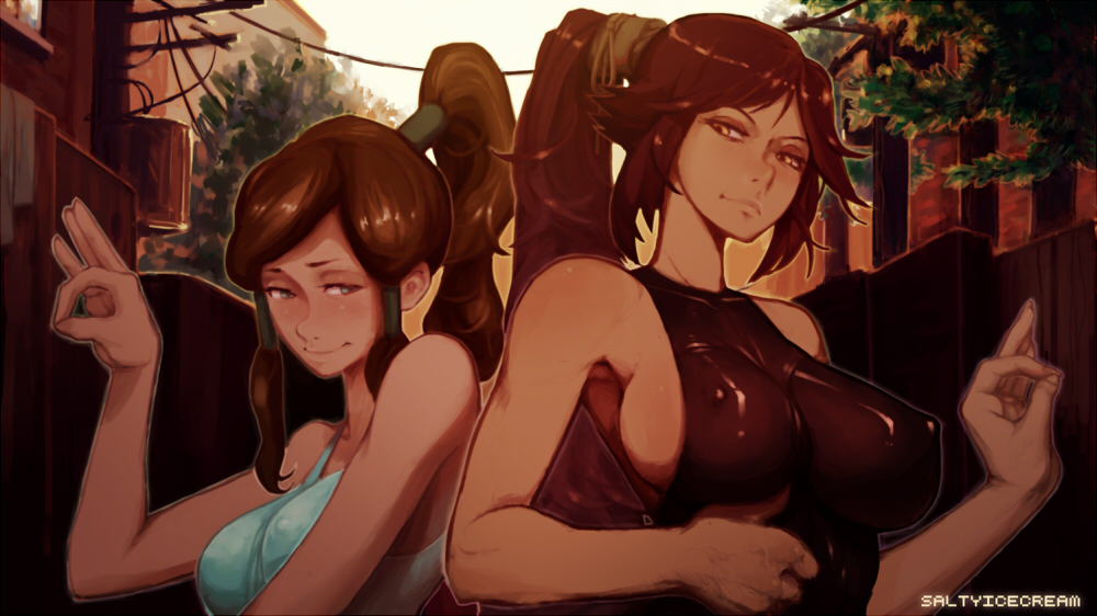 2girls alternate_breast_size artist_name avatar_legends bleach blue_eyes breasts brown_hair clothing crossover dark-skinned_female dark_skin eastern_and_western_character erect_nipples erect_nipples_under_clothes female female_only korra large_breasts multiple_girls ponytail purple_hair saltyicecream shihouin_yoruichi sideboob smile the_avatar the_legend_of_korra tied_hair trait_connection water_tribe yellow_eyes