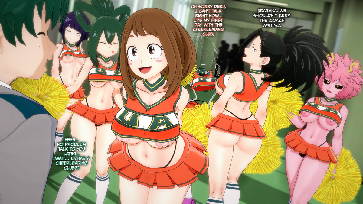 agentstaid, big ass, cheerleader, cheerleader outfit, cheerleader uniform, female, g-string, hagakure tooru, huge breasts, izuku midoriya, koikatsu, kyoka jiro, male, mina ashido, momo yaoyorozu, my hero academia, ochako uraraka, revealing clothes, skimpy, skimpy clothes, skimpy outfit, thong, tsuyu asui