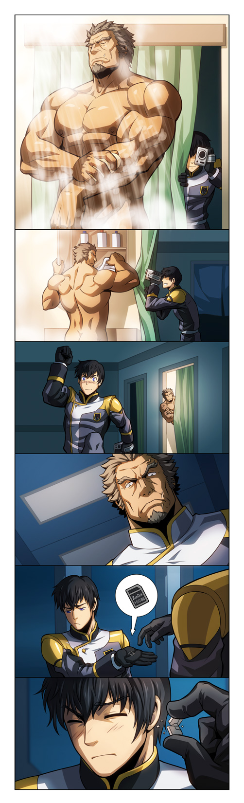 2boys abs ass bara bathroom black_hair blush brown_hair camera comic crank_zent ein_dalton gundam human male male_focus male_only multiple_boys muscle nude pecs recording short_hair shower steam yaoi zelo-lee