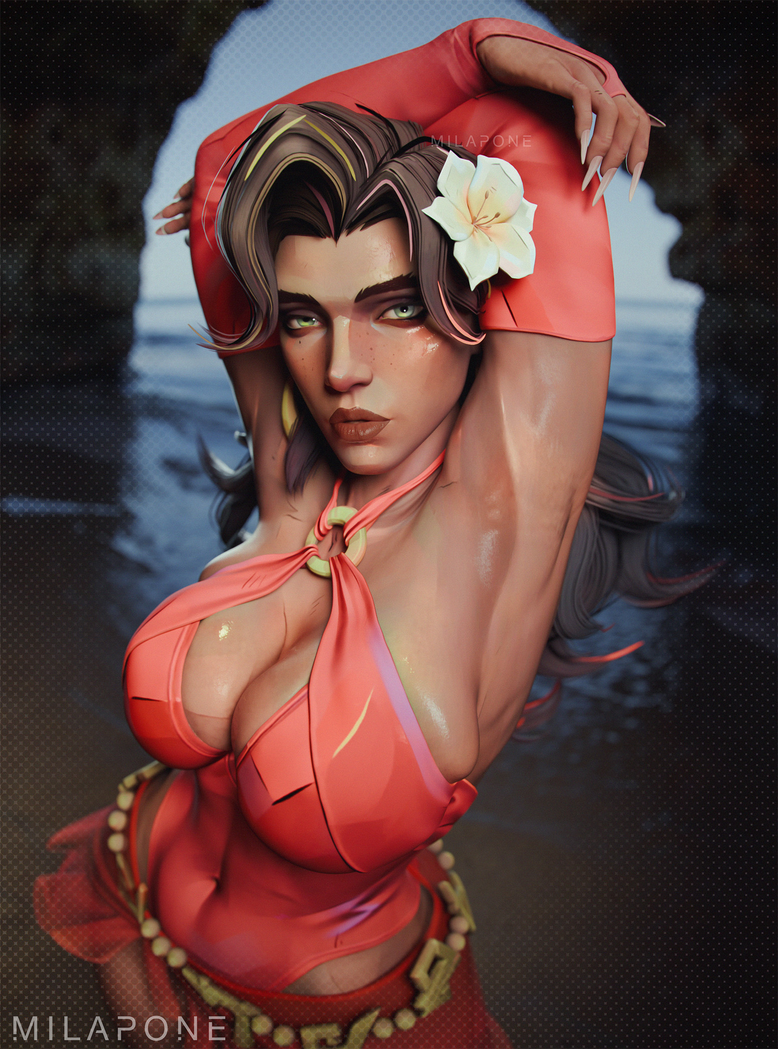 1girls, 3d, armpit fetish, armpits, arms up, big breasts, cleavage, female, female only, fully clothed, looking at viewer, marvel, marvel rivals, milapone, scarlet witch, scarlet witch (marvel rivals), scarlet witch (seaside sorceress), solo, swimsuit