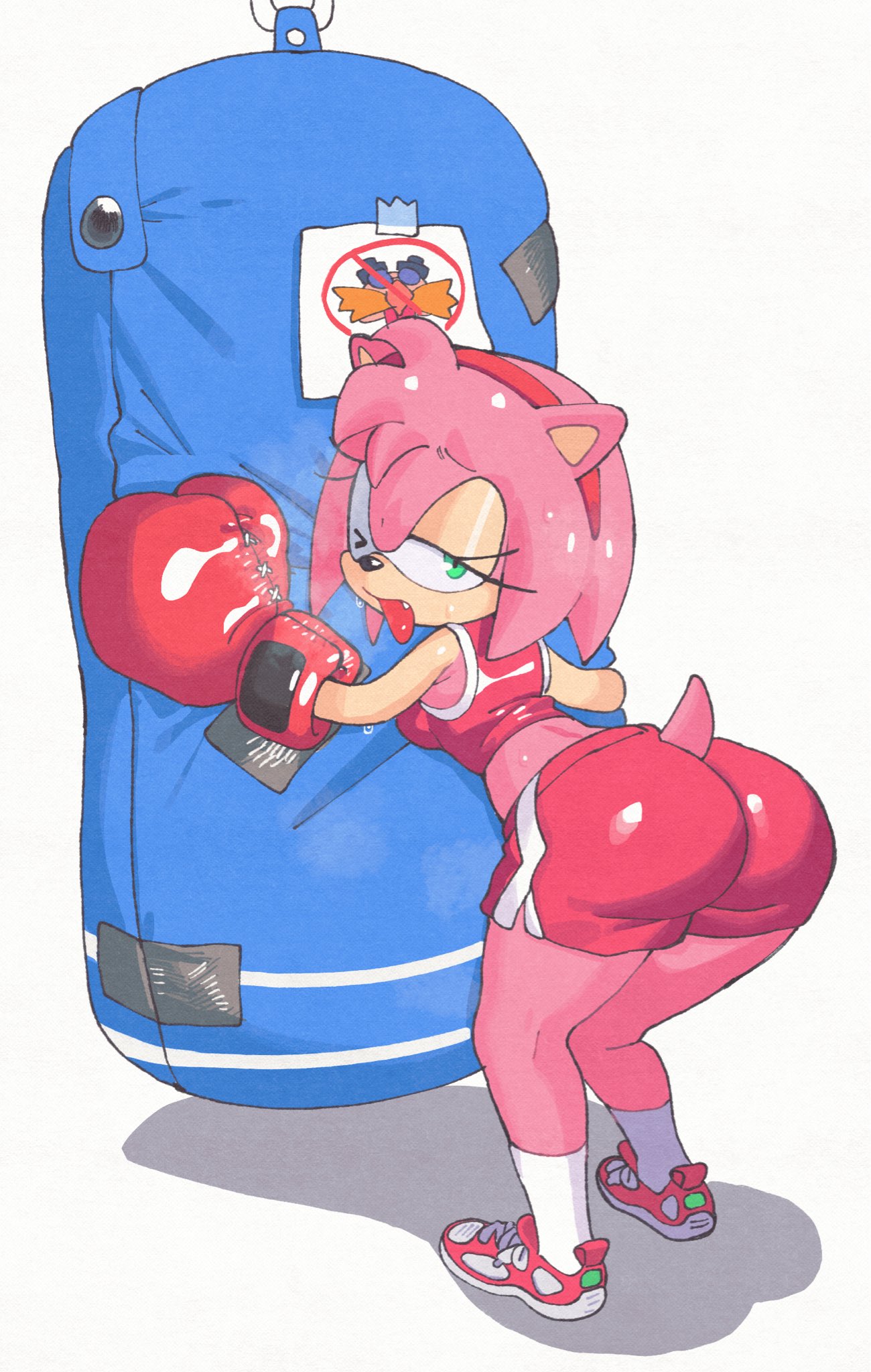 1girls, alternate costume, amy rose, arched back, ass, ass focus, athletic wear, back, backboob, boxing gloves, breasts, bubble ass, bubble butt, butt, commission, dat ass, dat butt, dolphin shorts, exhausted, fat ass, female, furry, furry female, gigantic ass, gloves, green eyes, gym uniform, huge ass, huge butt, hyperbithero, inkuusan, leaning on object, lidded eyes, oerba yun fang, one eye closed, panting, pink fur, punching bag, red boxing gloves, red gloves, red shoes, red shorts, red sports bra, shoes, shorts, socks, solo, sonic (series), sonic racing crossworlds, sonic the hedgehog (series), sports bra, sportswear, sweat, sweatdrop, tired, tongue out, visible breath, white background, white socks, workout, workout clothes