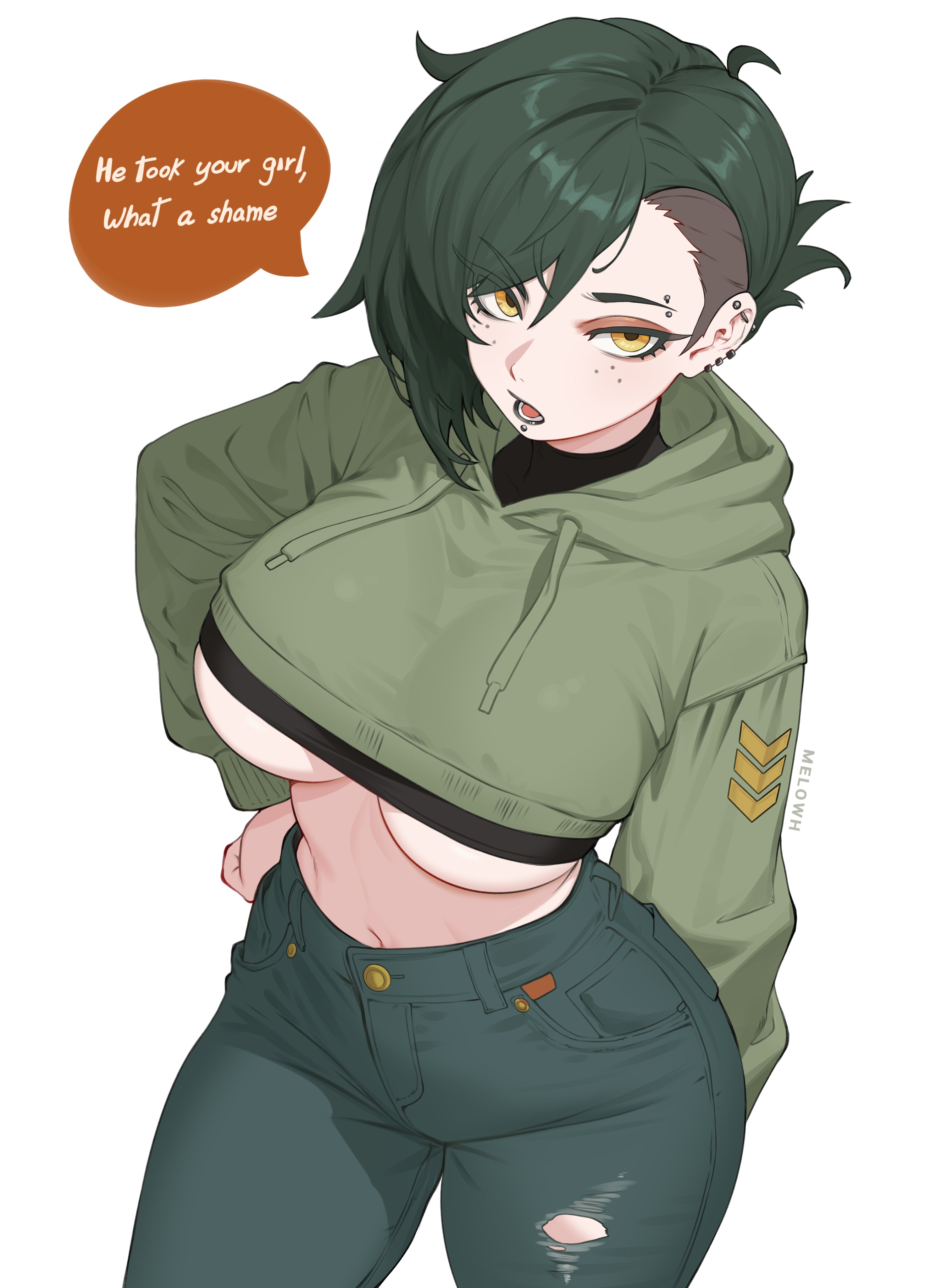 1girls, ass, big ass, big breasts, big thighs, breasts, clothed, clothing, dialogue, electronic arts, exposed breasts, female, green hair, human, human female, humanization, humanized, light skin, light-skinned female, looking at viewer, melowh, peablaze (leafpaw), peashooter (pvz), pierced ears, piercing, piercings, plants vs zombies, plants vs. zombies, popcap games, short hair, side shave, text, thick thighs, thighs, tomboy, underboob, yellow eyes