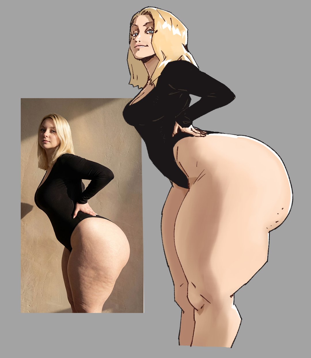 1girls, 2026, abyssia (abyx3), abyx3, artist self-insert, ass, ass bigger than head, ass bigger than torso, bending forward, big ass, big breasts, black leotard, blonde, blonde female, blonde hair, blonde hair female, blonde-haired female, blue eyes, blue eyes female, bottom heavy, bottom heavy female, breasts, bubble butt, cleavage, clothed, clothed female, curvy, curvy body, curvy female, curvy figure, fat ass, female, goddess abyssia, hands on waist, hi res, huge ass, leotard, long hair, long hair female, long sleeve leotard, looking at viewer, nintenpeaches, real person, reference image, reference photo, side view, solo, solo female, thick thighs, tight clothing, voluptuous, voluptuous body, voluptuous female, wide hips