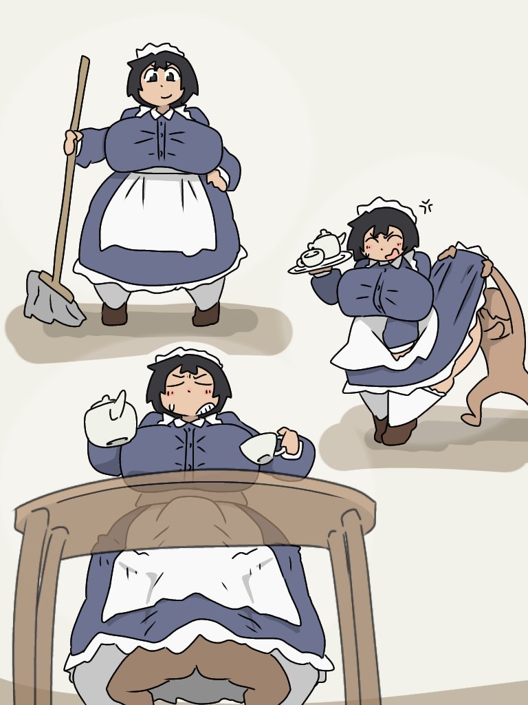 1boy, 1girls, 2d, 2d (artwork), anger vein, angry, annoyed, annoyed expression, ass, bbw, belly, big ass, big breasts, bigger female, black eyes, black hair, blush, blush lines, blushing, breasts, busty, chiaki san (shovocklley), chubby, chubby female, clothing entrapment, curvaceous, curvy, curvy female, curvy figure, dress, dress lift, dress up, dubious consent, duo, female, female focus, holding, holding object, huge breasts, large breasts, larger female, lifting dress, maid, maid apron, maid headdress, maid outfit, maid uniform, male, male/female, medium hair, original, original character, short hair, shorter male, shovocklley, sideass, simple background, size difference, smaller male, smile, smiling, sponge, straight, sweat, sweatdrop, tagme, thick thighs, thighs, under dress, voluptuous, voluptuous female, wide hips