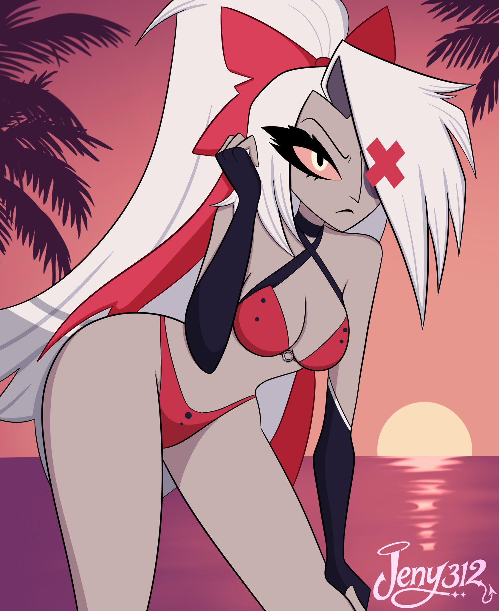 1girl, 1girls, amazon prime, bent over, bikini, breasts, cartoon, fallen angel, female, female focus, female only, female solo, fingerless gloves, gloves, grey hair, hand on thigh, hazbin hotel, hazbin hotel (season 2), hellaverse, jeny 312, leaning, leaning forward, long hair, medium breasts, perky breasts, red bikini, red swimsuit, red swimwear, solo, solo female, solo focus, spindlehorse toons, standing, standing up, sunset, swimsuit, swimwear, twitter, vaggi, vaggi (hazbin hotel), vaggie, vaggie (hazbin hotel), very long hair, vivienne medrano, vivziepop, watermark