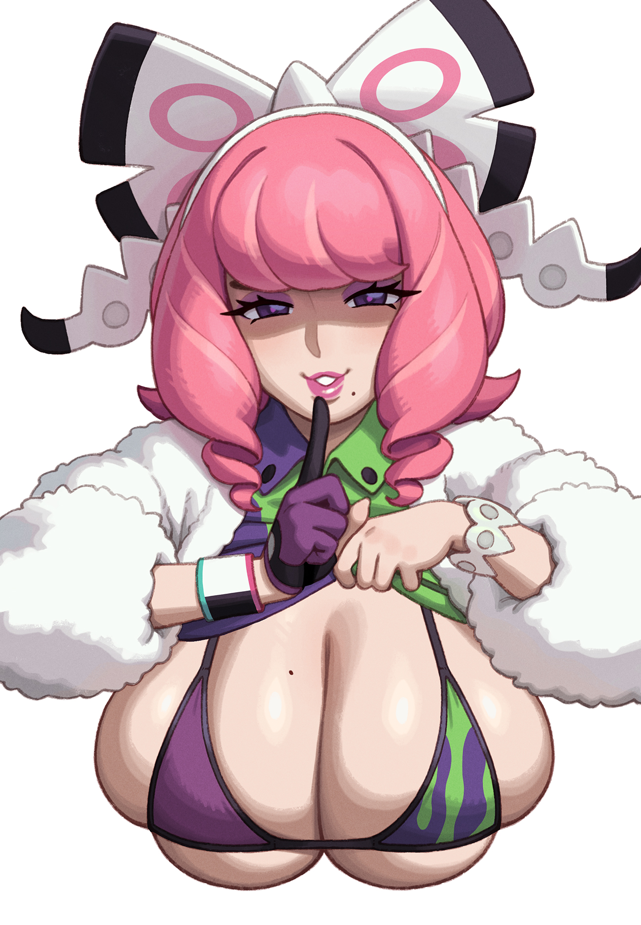 1girls, big breasts, bikini, bikini under clothes, clothed, clothed female, female, female only, heart-shaped pupils, huge breasts, klara (pokemon), large breasts, light skin, light-skinned female, looking at viewer, nintendo, pokemon, pokemon ss, rizdraws, shirt lift, smile, smiling at viewer, solo, swimsuit, tagme